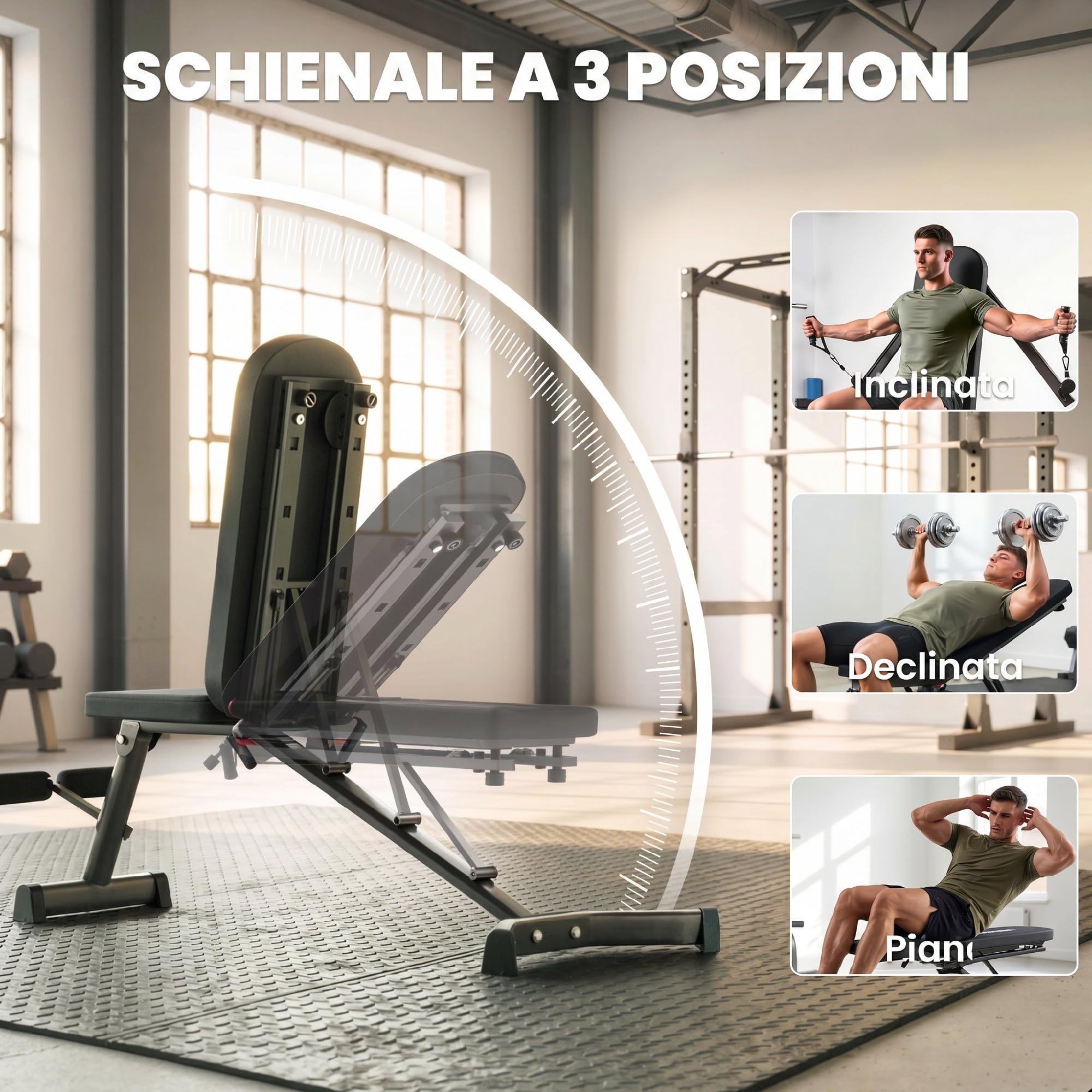 SPORTNOW Panca Pesi con Schienale Regolabile a 3 Posizioni Nero | Panca Palestra Pieghevole, Inclinata/Declinata/Piana, con Bande di Resistenza, per Allenamento Total Body