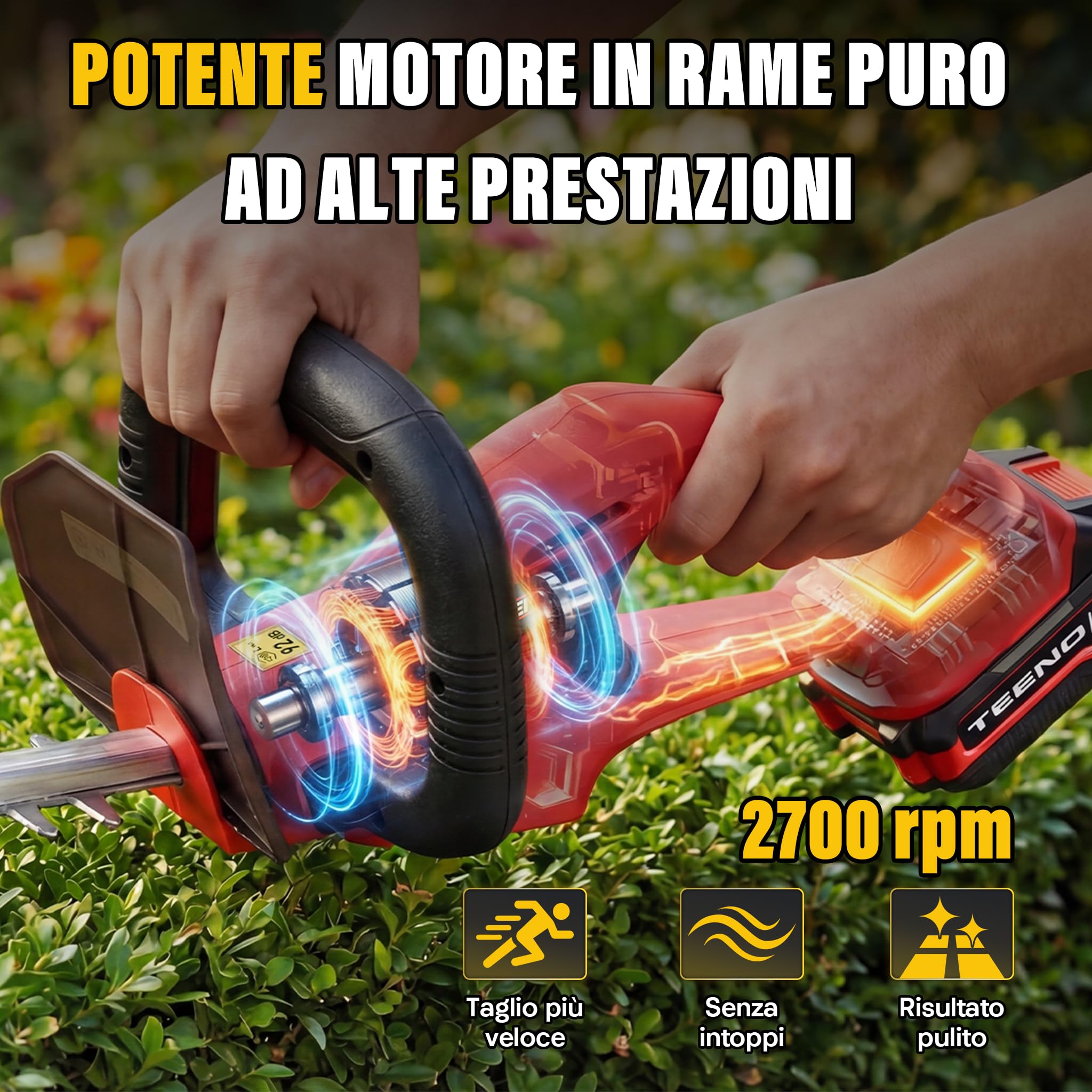TEENO Tagliasiepi a Batteria 20 V: Tagliasiepi elettrico con 1 batteria 4000 mAh, lama 52 cm, taglio 16 mm, impugnatura girevole a 180°, per giardino, siepi, arbusti e cespugli