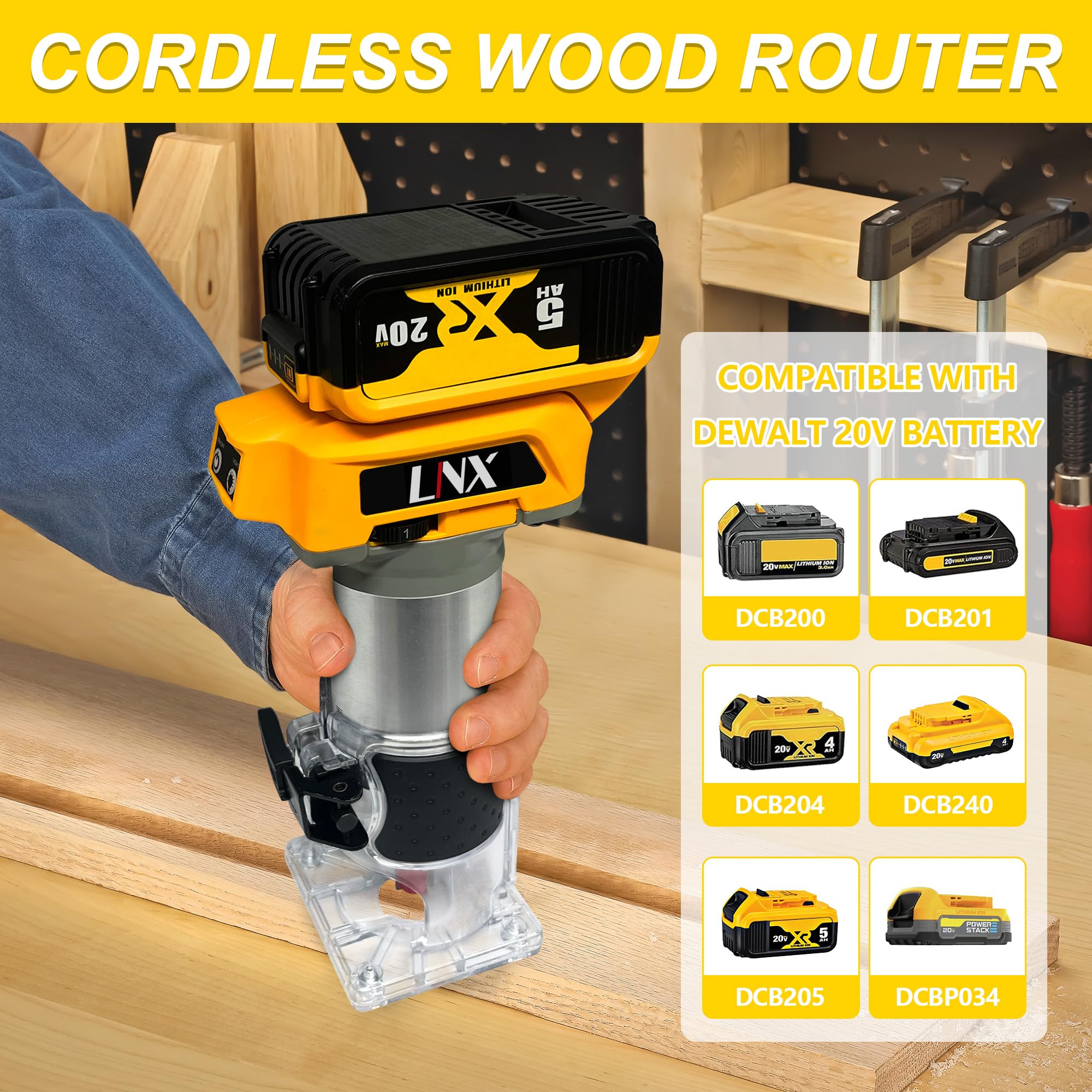 Router de madera inalámbrico de 800 W compatible con batería Dewalt de 20 V, L1NXIXI 30000 RPM sin escobillas para acoplar 15 brocas de enrutador de 0.25 pulgadas, enrutador de corte manual de 6