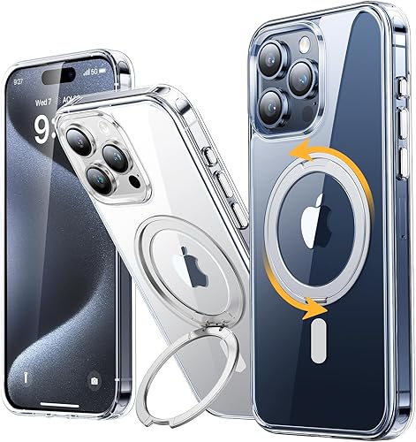 andobil Funda transparente para iPhone 15 Pro Max soporte de anillo de 360 compatible con Magsafe 4 colores DIY Protección militar contra caídas