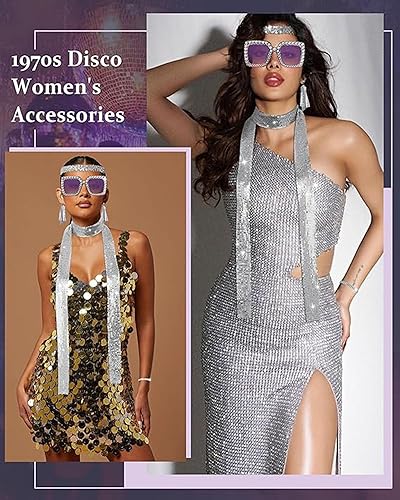 Miniatura 6 de SUMGOGO 6 piezas de accesorios de discoteca de los años 70 para mujer, fiesta de baile, cosplay, disfraz de lentejuelas, bufanda, aretes, lentes