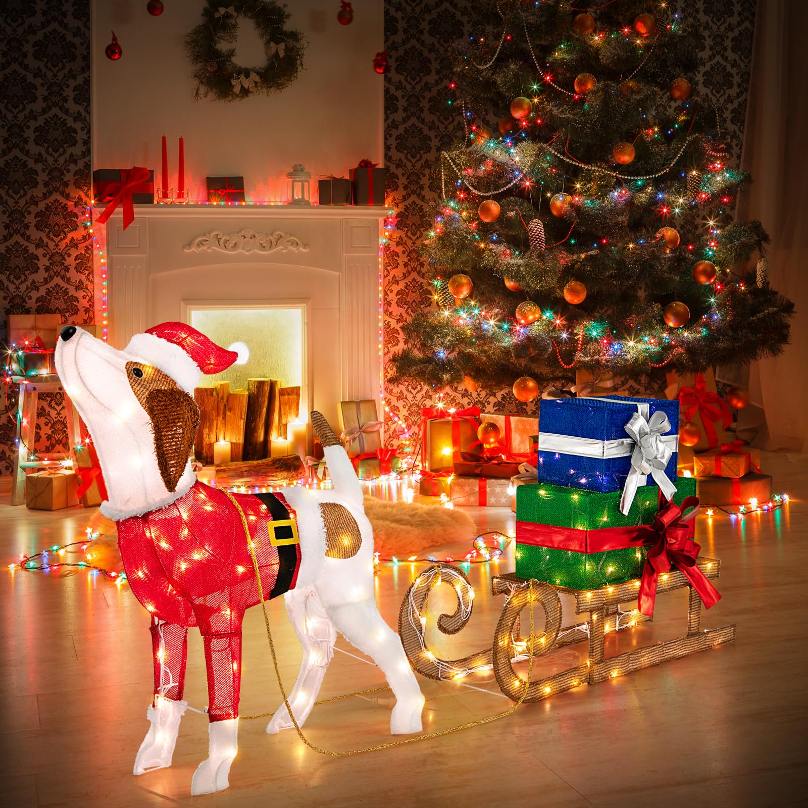SOARS Decorazione Natalizio cane con slitta, statuetta con cappelli di Babbo Natale e costumi, illuminazione con 170 luci LED calde
