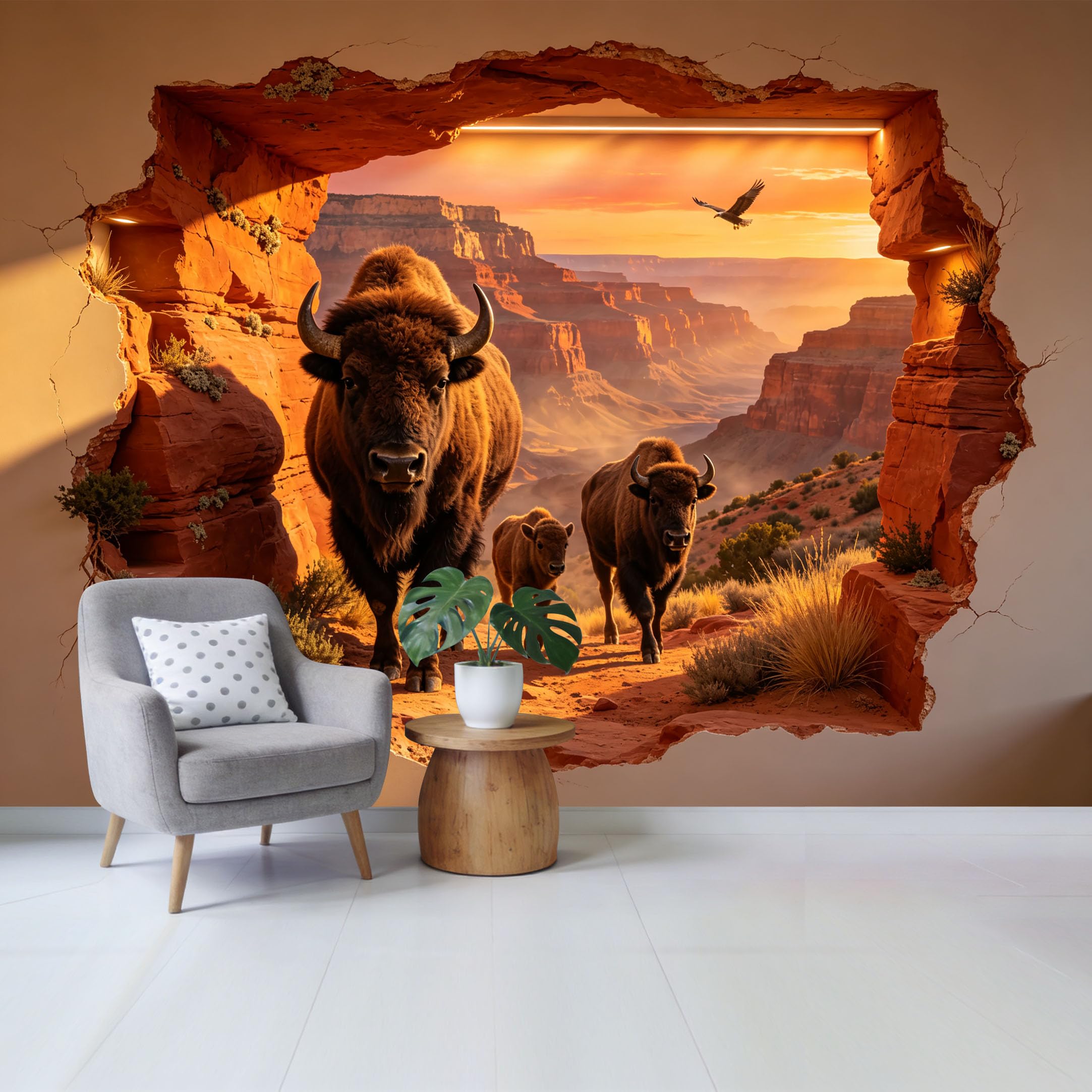 Custom Size Wall Mural Western Canyon Sunset Bison Herd 3D Trompe L'Oeil Removable Self Adhesive Fabric Home Wall Decor for Living Room Bedroom Bathroom