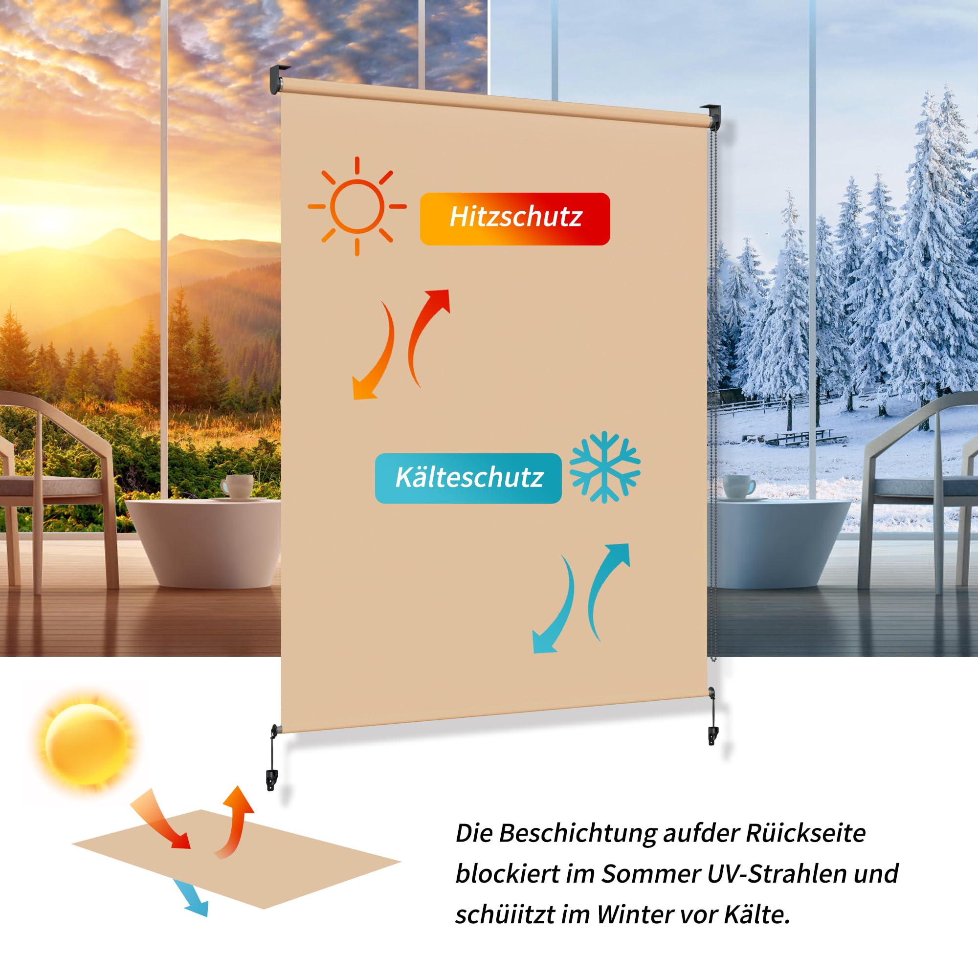 HOMEDEMO Außenrollo Senkrechtmarkise Außen, 220g/m² Stoff, Balkonrollo sonnenschutzrollo, Outdoorrollo Wetterfest Windschutz Sichtschutz, Vertikalmarkise für Balkon & Terrasse, 160x160cm Khaki