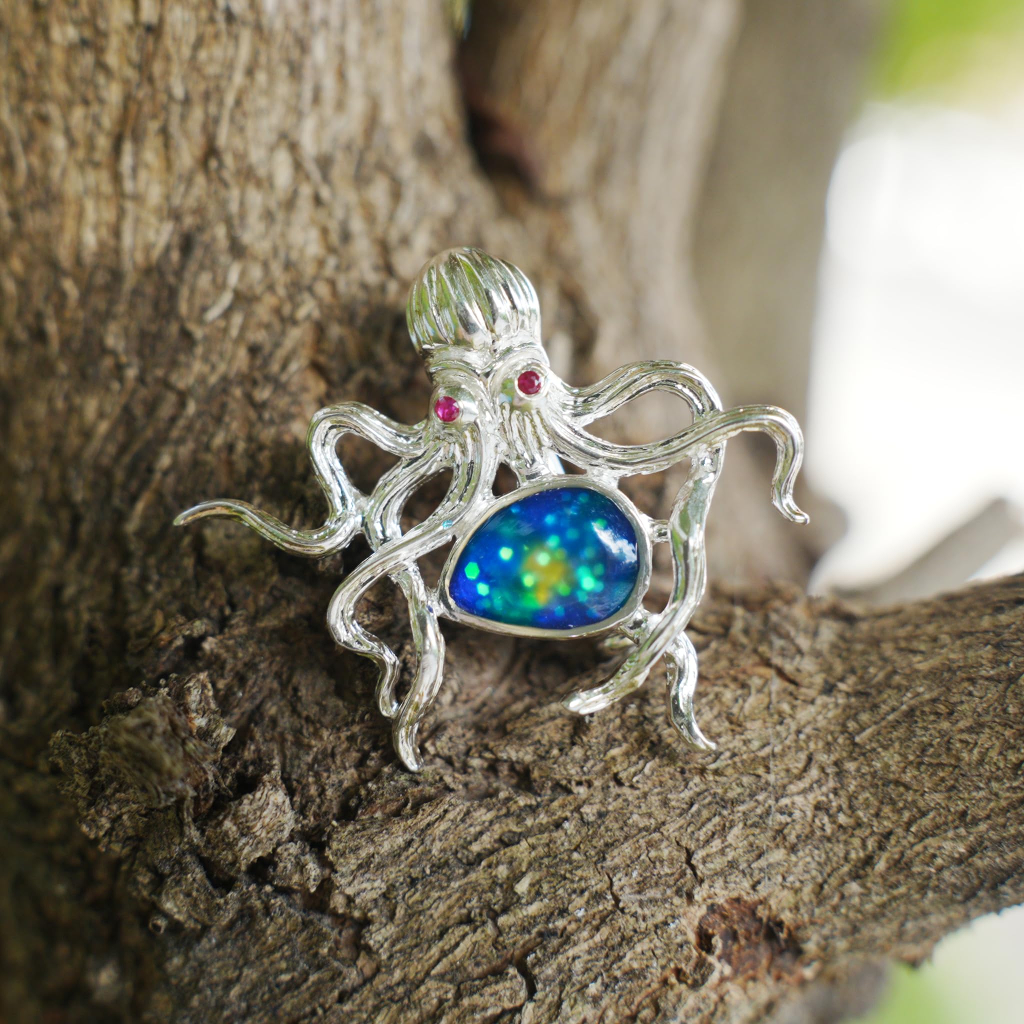 Generisch 925 Silber Oktopus Brosche Anhänger, Handbemalt mit Emaille und Farbglas, 2-in-1 Design Schmuck, Symbol für Weisheit & Meer, Geschenk für Damen & Herren