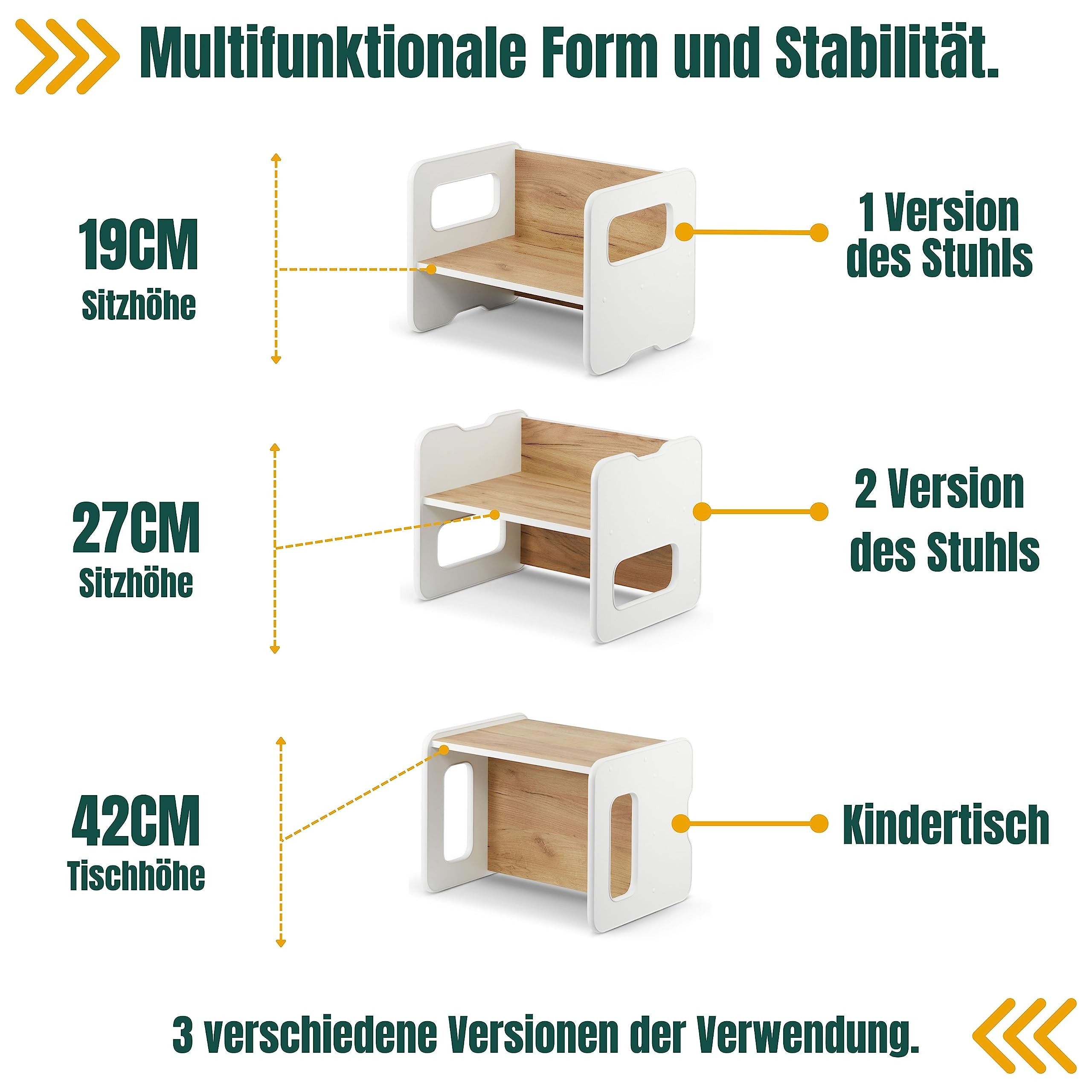 defiPad Panca per bambini multifunzione in legno con 2 altezze e funzione tavolino (Bianco + Rovere)