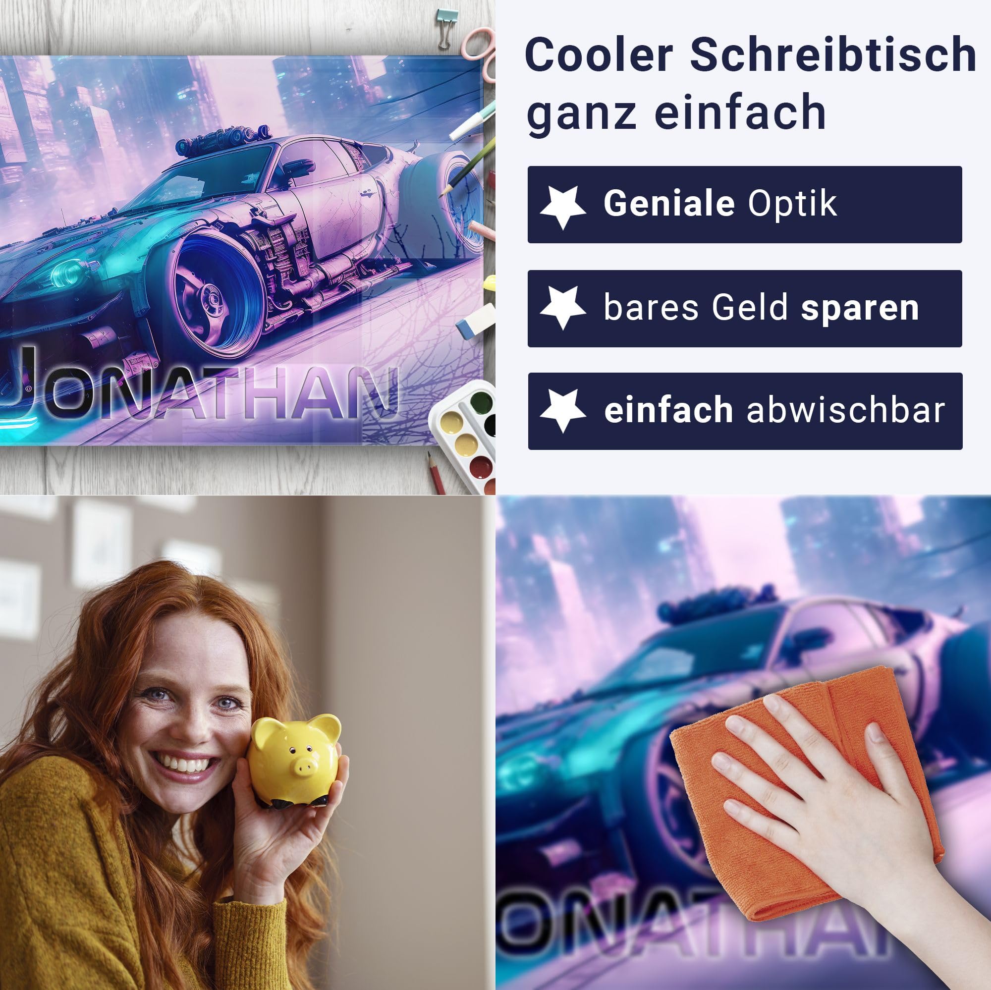 Gaming Schreibtischunterlage personalisiert mit Namen | 80 x 60 cm Rennwagen | wasserfeste Schreibunterlage, abwischbar, hochwertiges Acrylglas, Gamer Teenager Kunststoff