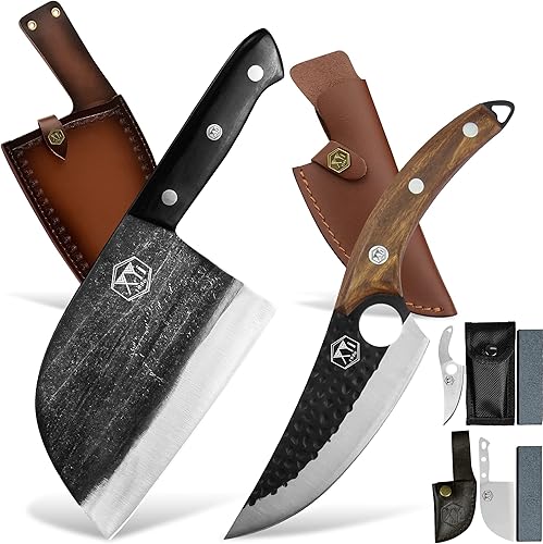XYJ Cuchillo de carnicero de chef forjado hecho a mano de acero inoxidable de alto carbono, cuchillo para deshuesar carne con funda de cuero, mango