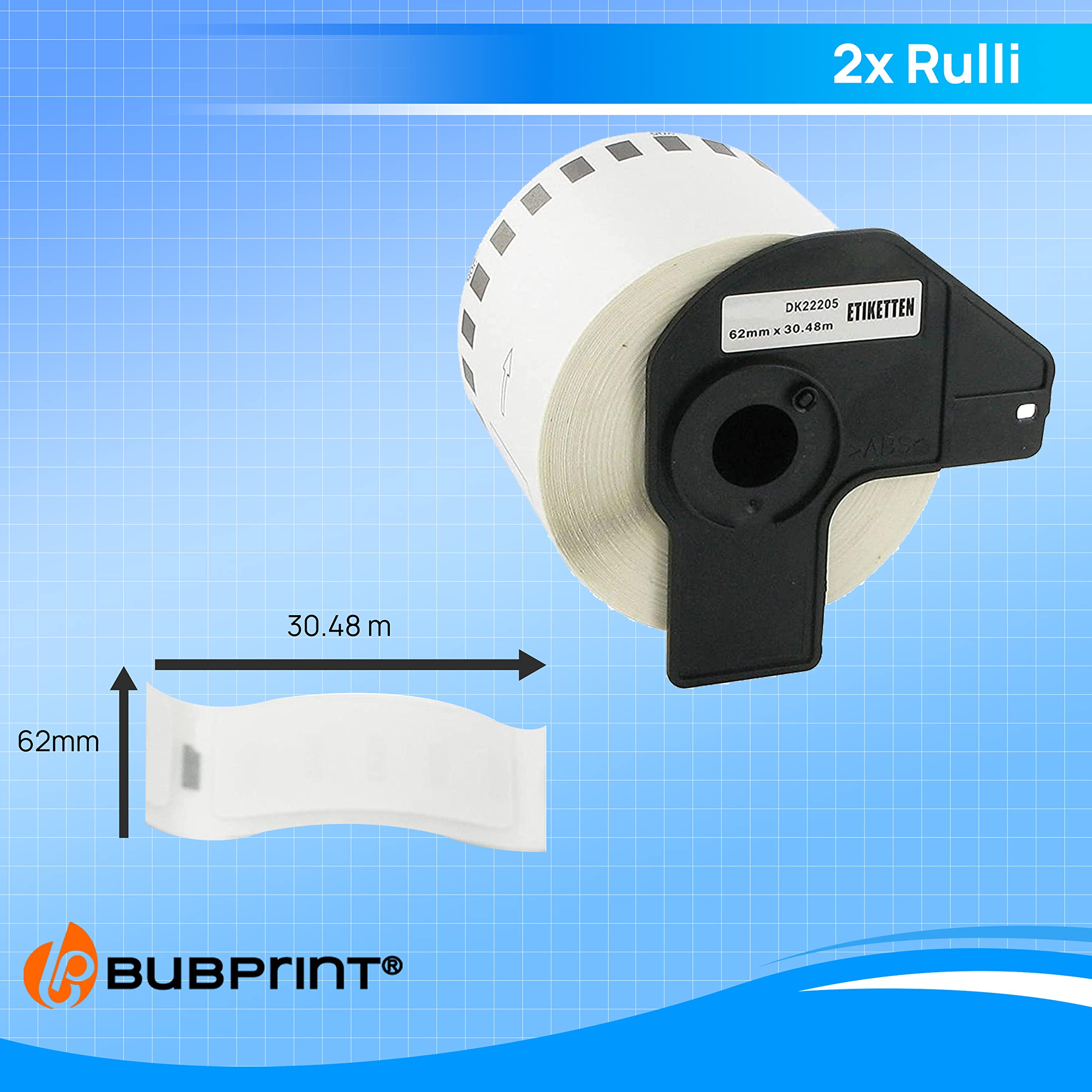 2x Bubprint Etichette compatibile per Brother DK-22205 per P-Touch QL500 QL500BW QL550 QL560 QL570 QL700 QL710 QL710W QL720NW QL800 QL810W QL820 QL820NWB QL820NW QL1060N QL1100