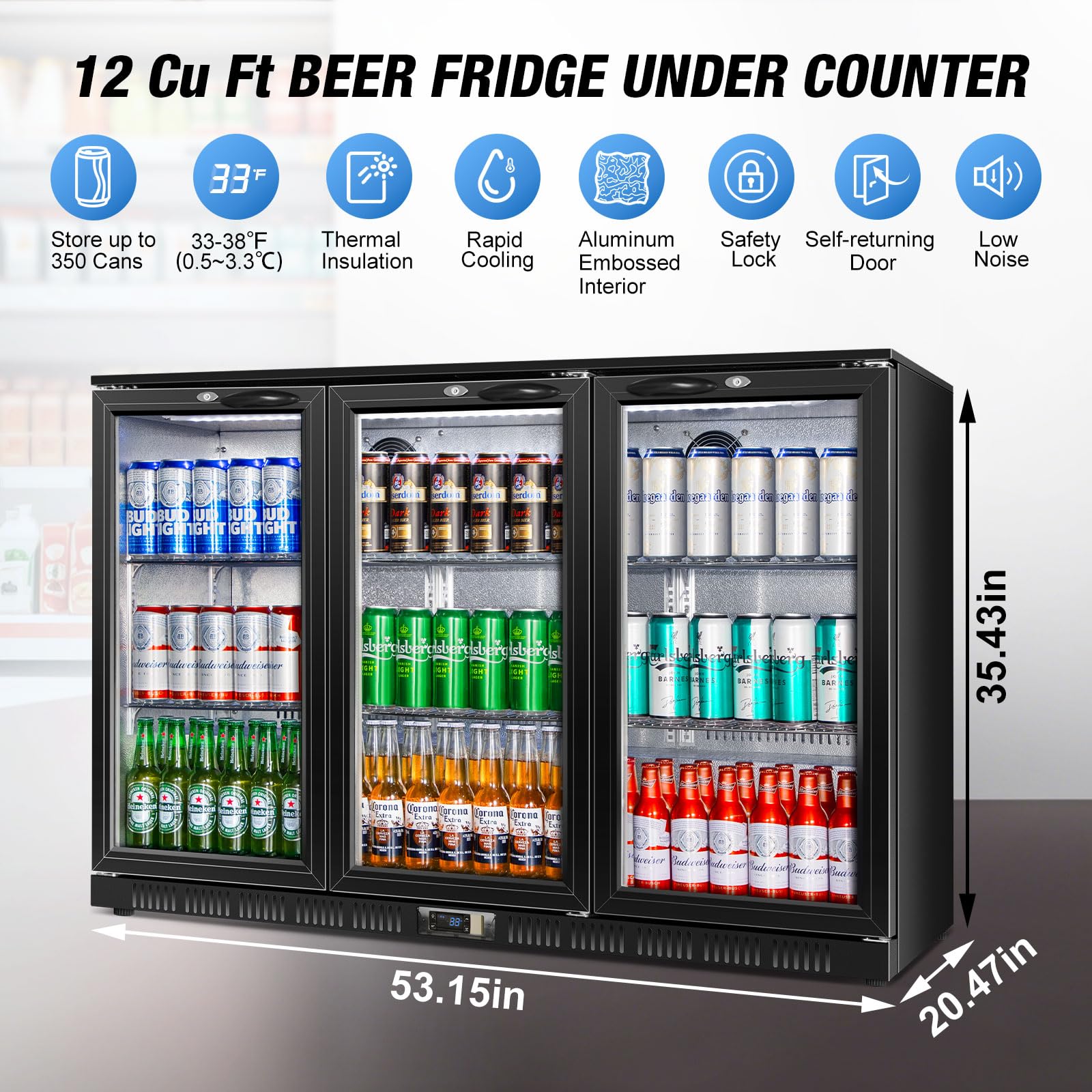 Velieta Beverage Refrigerator Drink Fridge, Back Bar Beer Fridge With 3 Glass Door, 35.5 In Height Beverage Cooler, Under Counter Refrigerator, Drink Cooler Undercounter Refrigerators, Outdoor Fridge on Fridge.com - View 3