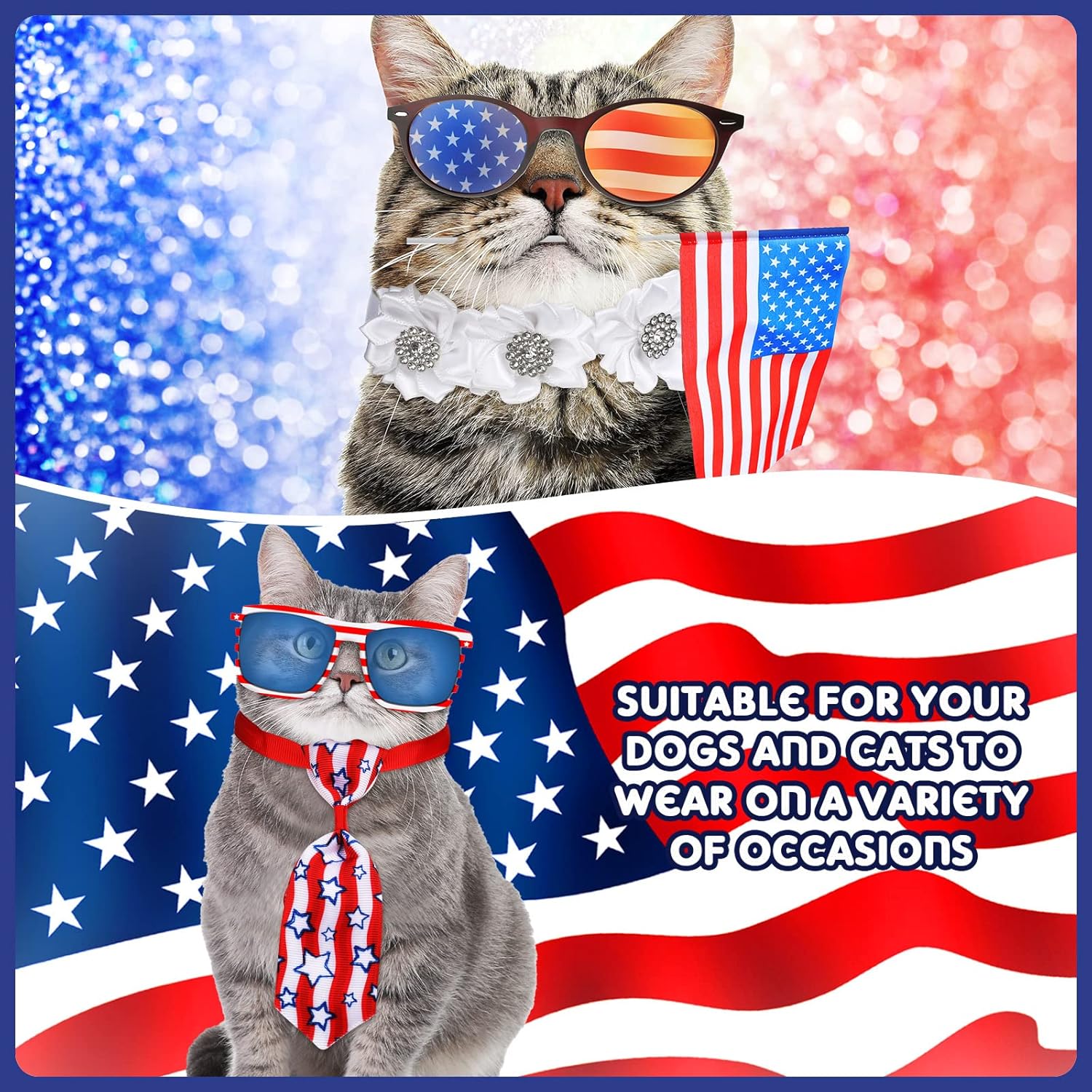 40 Pcs 4th of July Dog Bow Ties Accessories Include 10 Independence Day Pet Neckties, 26 Adjustable Patriotic Dog Collars, 4 American Flag Dog Bandana USA Triangle Bibs Scarf for Small Medium Dog Cat