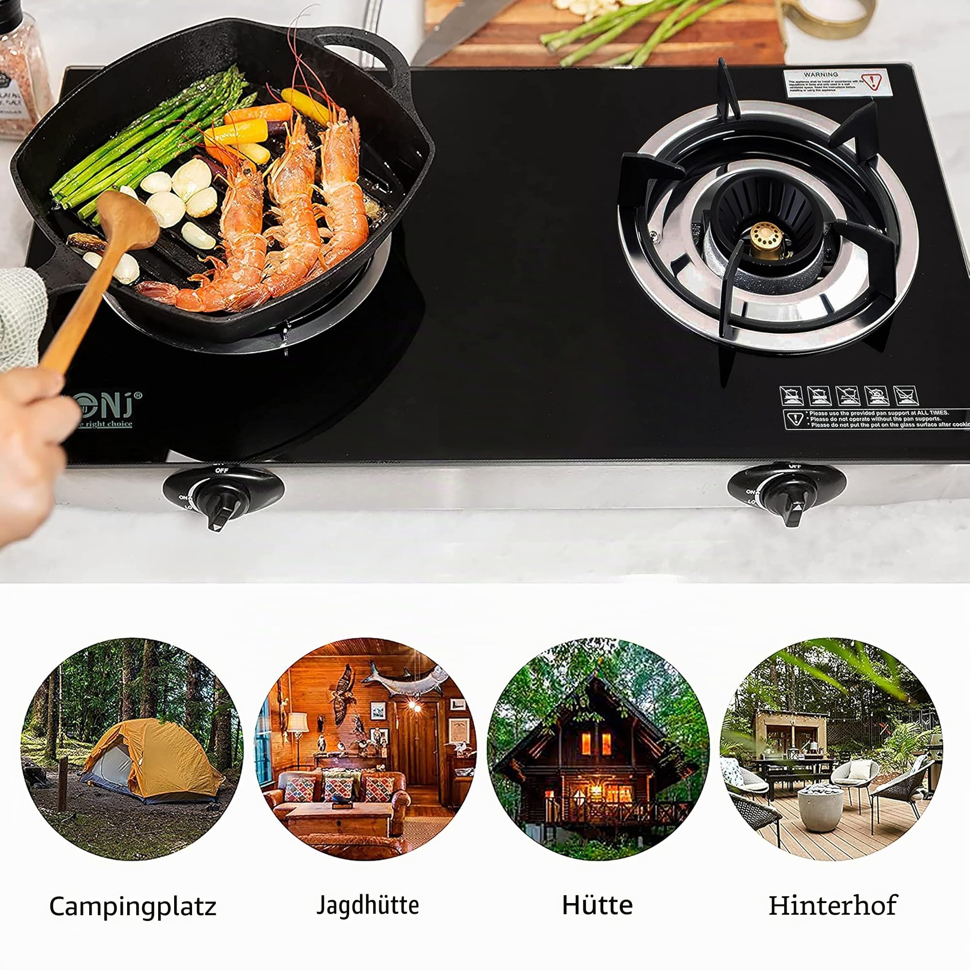 NJ NGB-S2 Gasherd für den Innenbereich, 2 Brenner, tragbarer Gasherd, LPG-Herd, für Wohnwagen, schwarze Glasplatte, für Zuhause, Küche, Camping, Garten, Catering, 6,8 kW