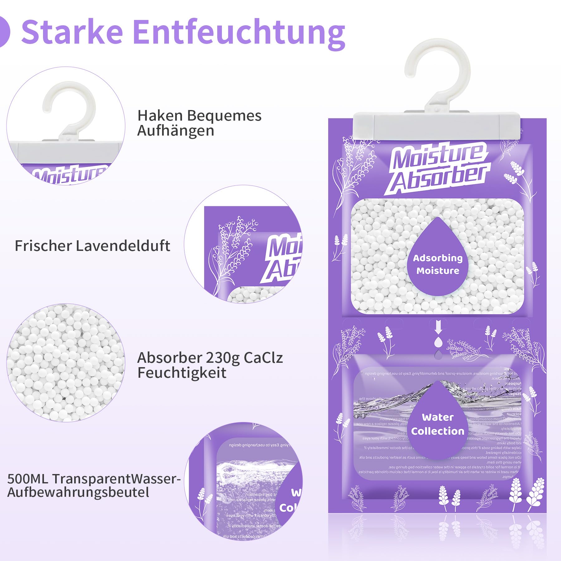 Déshumidificateur suspendu 20 x 230 g avec parfum, absorbeur d'humidité pour cave, chambre à coucher, buanderie, contre l'humidité, anti-moisissure, sac déshydratant – Lavande