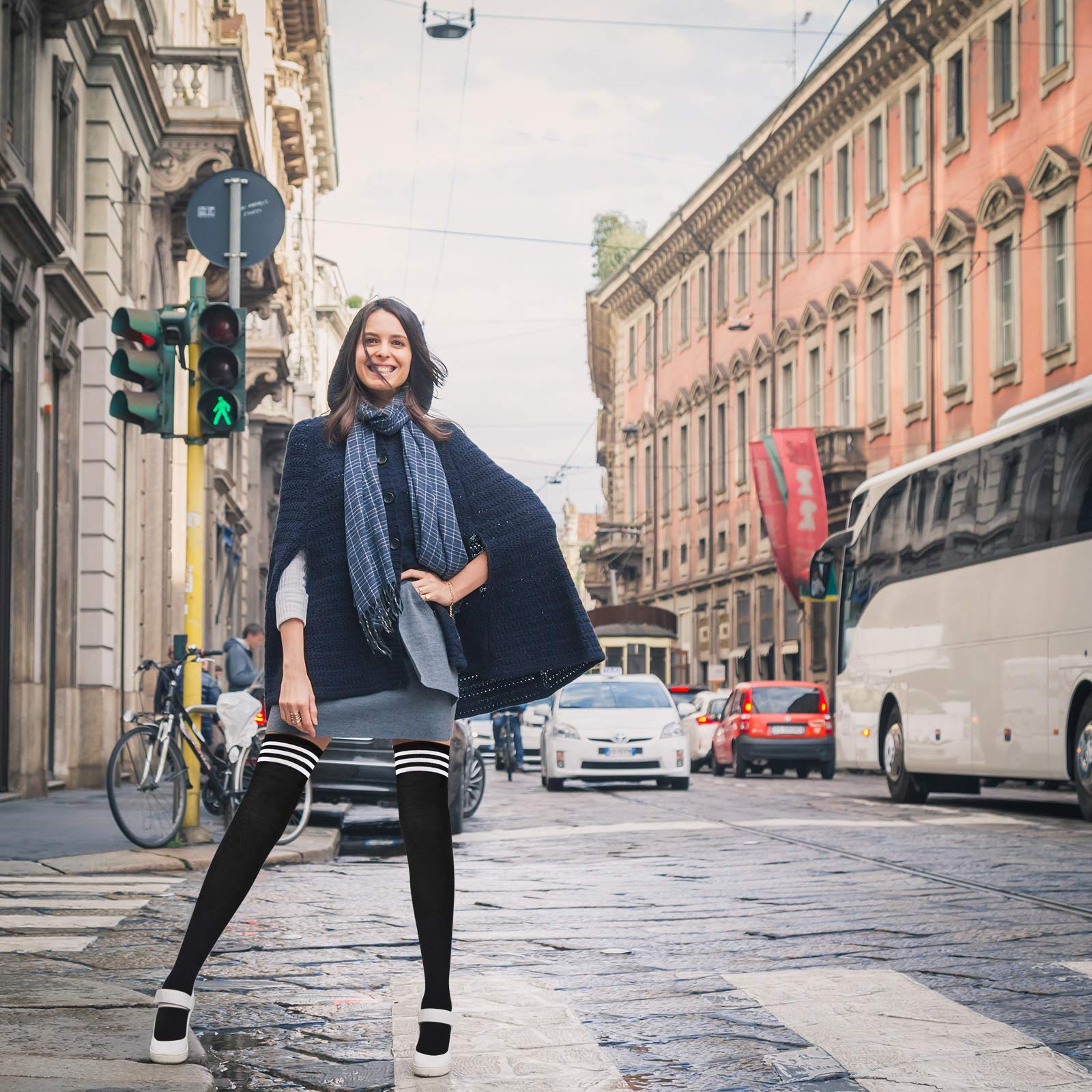 Aneco 6 Pairs Extra Long Socks Long Boot Stockings Thigh High Socks for Women: One Size Black, White, Dark Gray Stripe Colors, Pure Colors