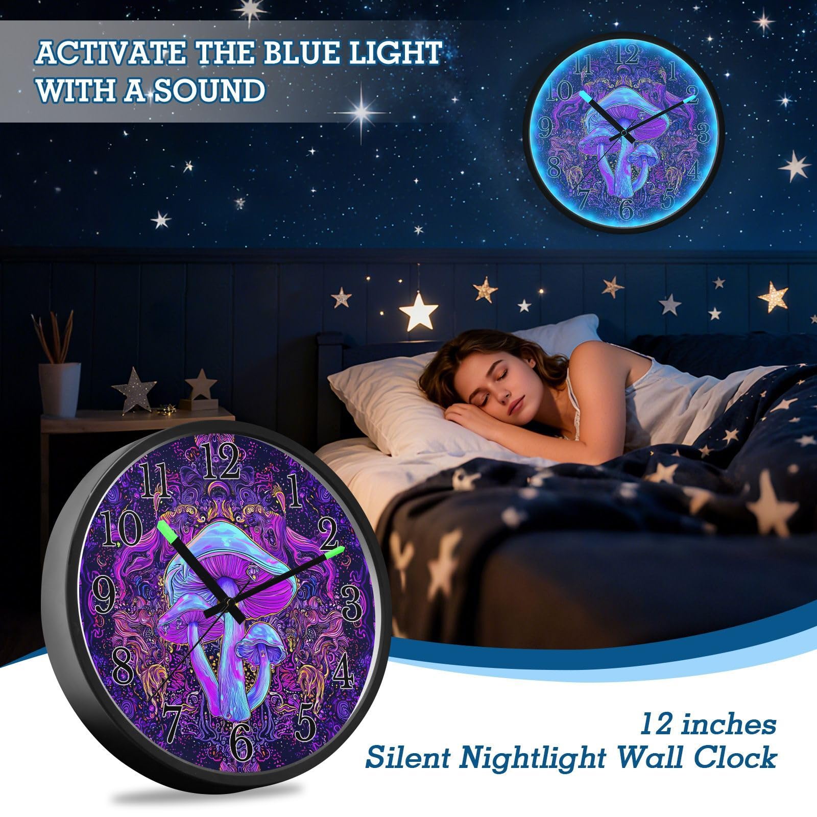 Mnsruu Reloj de pared luminoso, reloj de pared morado con forma de hongo, brilla en la oscuridad, funciona con pilas, 12 pulgadas, silencioso, sin tictac, luz nocturna para dormitorio