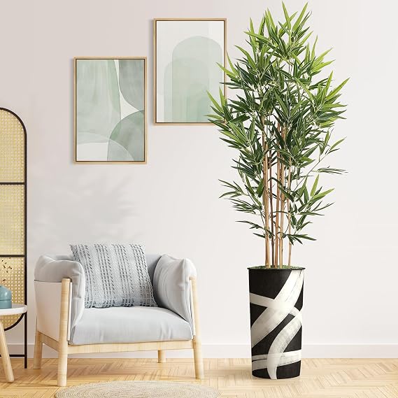 Artificial Tree in Geometric Pattern Planter, Fake Bamboo Silk Tree for Indoor and Outdoor Home Decoration - 70 Overall Tall (Plant Pot Plus Tree)