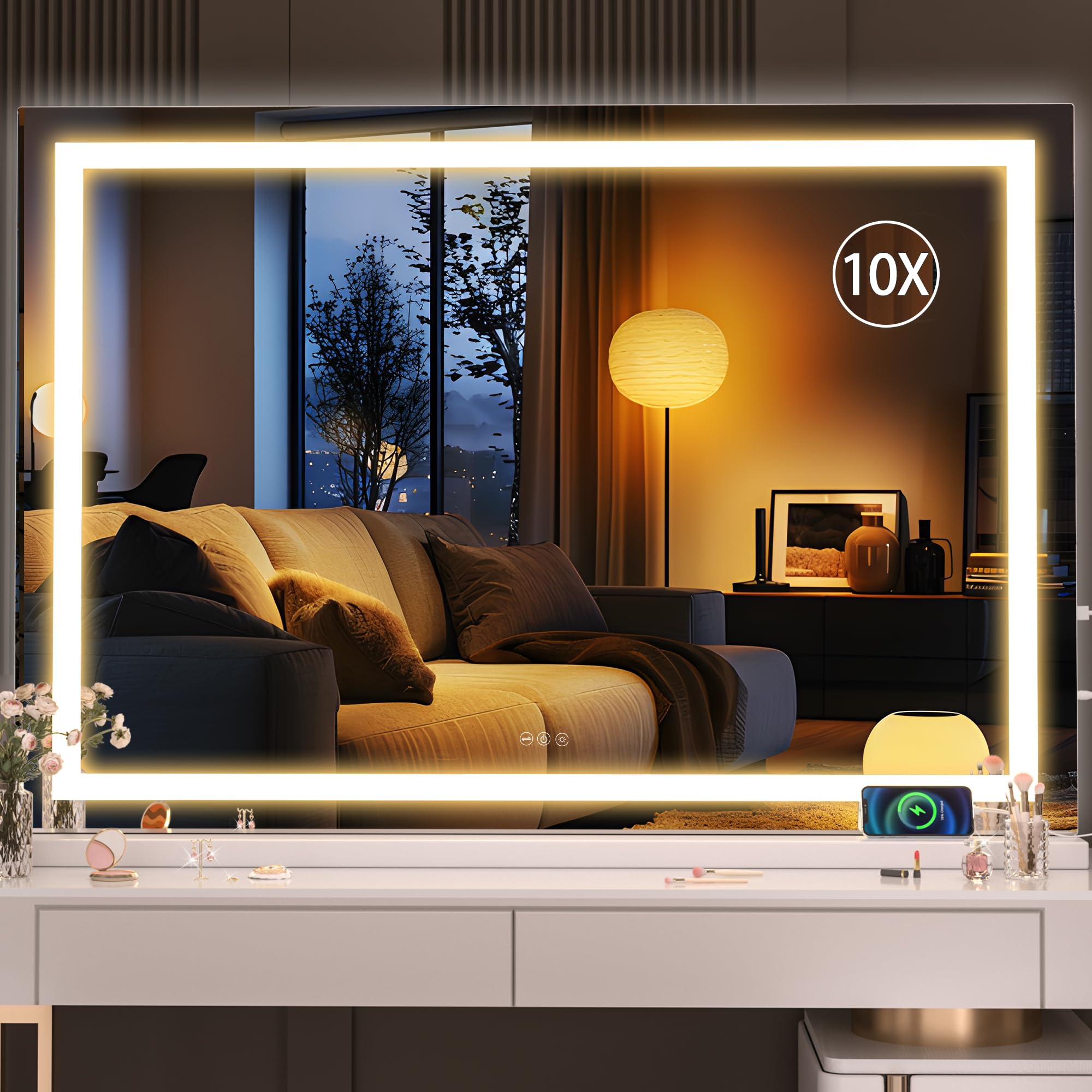Hasipu Specchio cosmetico con illuminazione, 120 x 75 cm, specchio da trucco a LED, con 3 modalità dimmerabili, controllo touchscreen, specchio cosmetico, quadrato, bianco