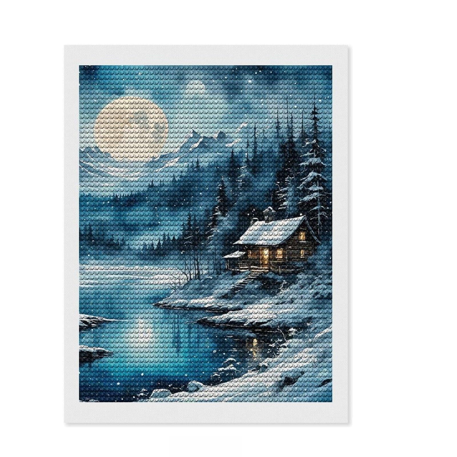 Junmoney Snowy Evening DIY Diamond Art Canvas Kit 12"x16", Finish and Display, Satisfying Creative Project, Mindful Craft Activity