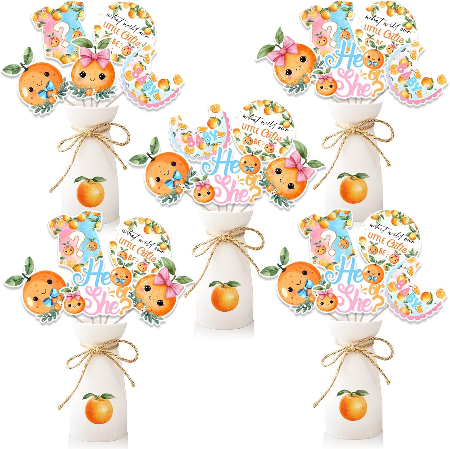 24pcs Little Cutie Gender Reveal Decorations What Will Our Little Cutie Be Gender Reveal Centerpiece Sticks Orange Theme Baby Shower Decor for Kids He or She Gender Reveal Party Decor Supplies