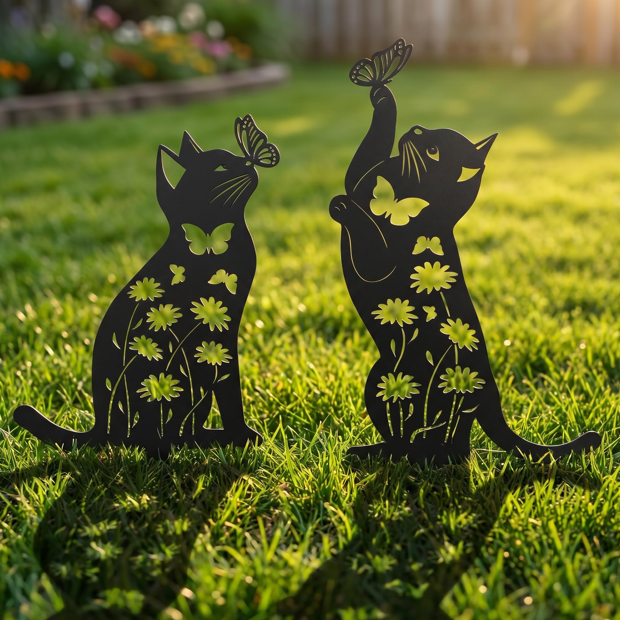 2Pcs Cat Garden Stakes Outdoor Metal Silhouette Garden Ornaments Yard Decor