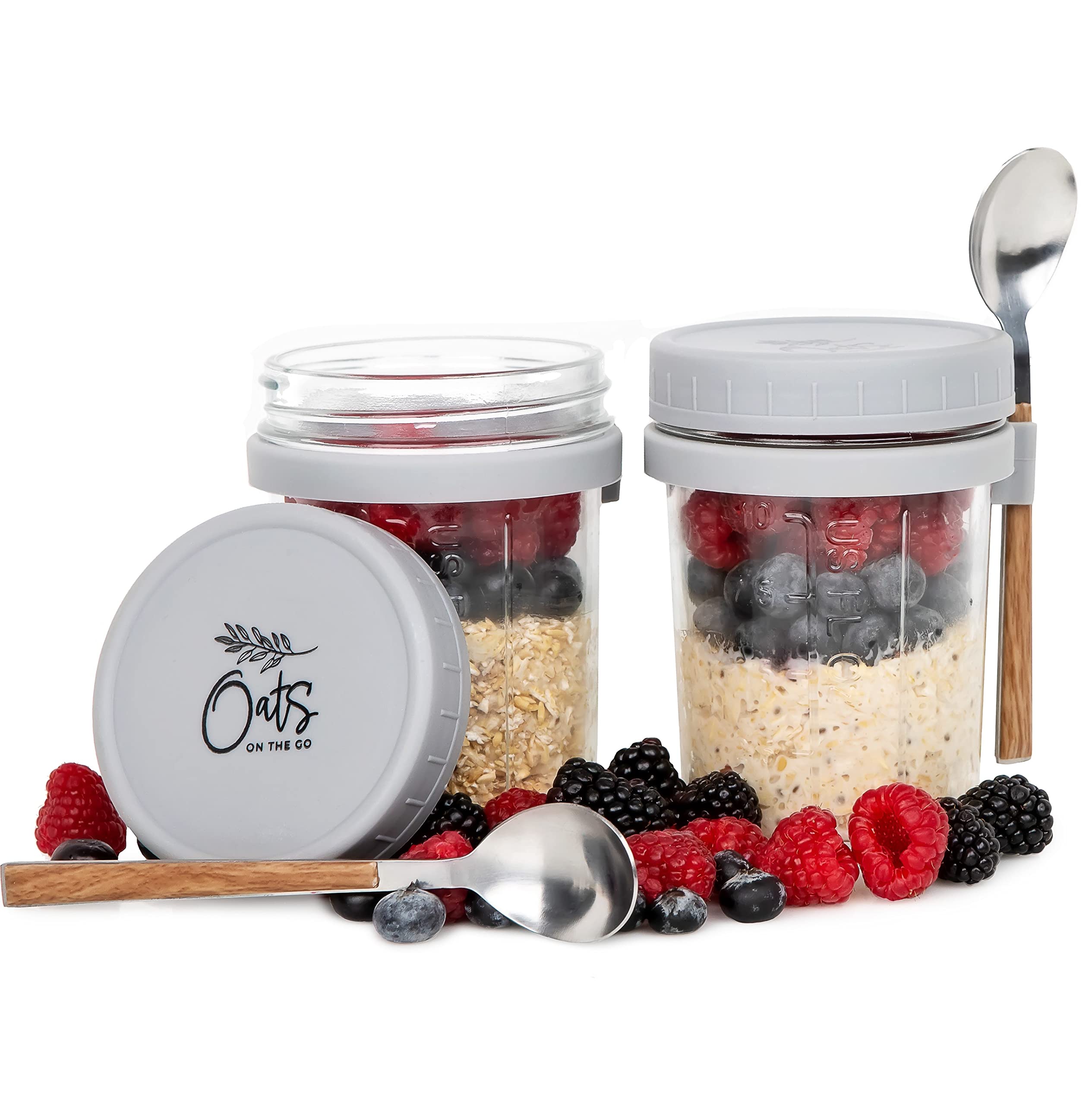 Overnight Oats Container 2-Pack - 10-Oz Glass Mason Jars w/ Spoons & Recipe Book