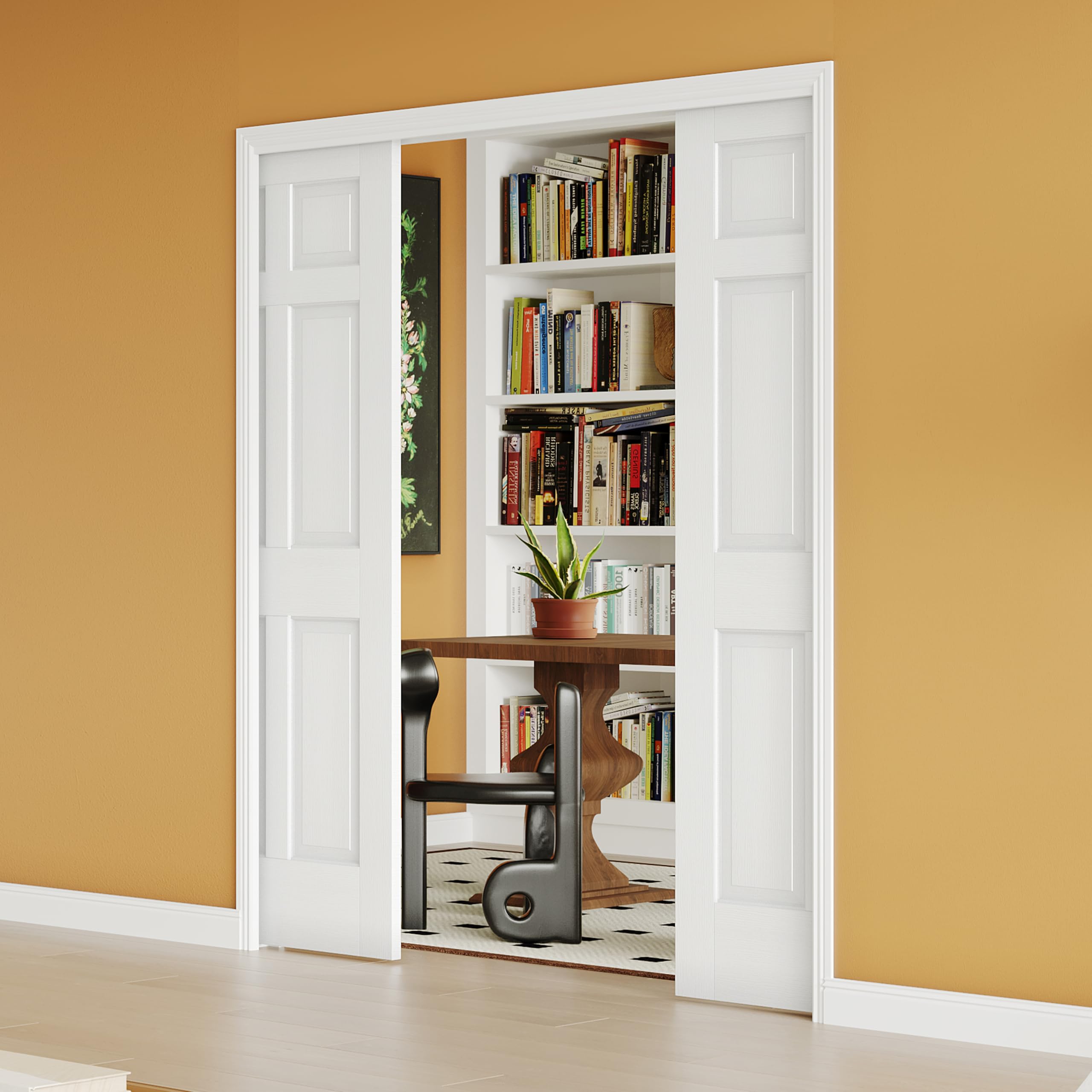 56" x 80" Sliding Pocket Interior Door, 6-Panel Hollow Core Pantry Door with Frame and Hardware Kit, Lightweight Closet Door, Waterproof PVC Surface, Easy to Install