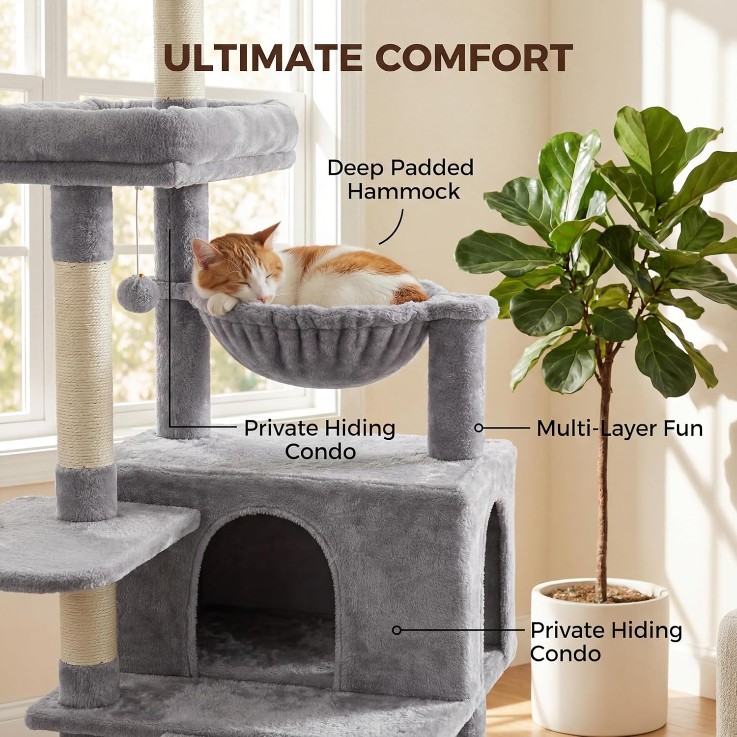 71" Tall Cat Tree for Indoor Cats, Multi-Level Cat Tower with Condo, Hammock & Top Perch, Stable Cat Activity Center with Scratching Posts, Anti-Tip Kit Included, Light Grey