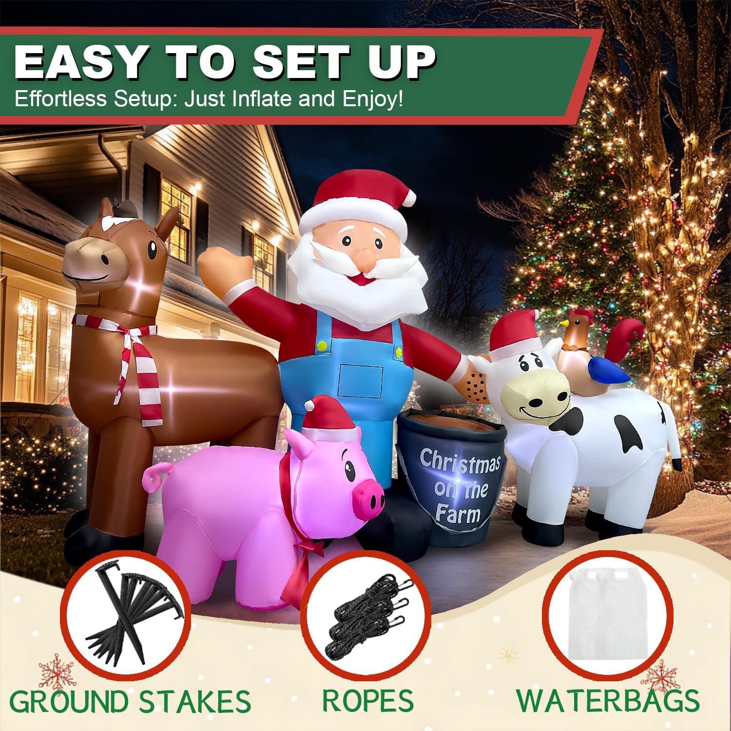 8ft Long Christmas Inflatables Santa Farm Scene Decorations Built-in LED Lighted Blow Up Decoration Home Yard Outdoor Indoor Garden Lawn Decor