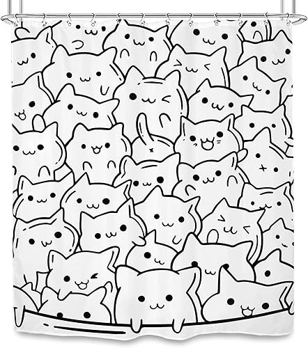 Miniatura 5 de SVBright Cortina de ducha con diseño de gato de 60 pulgadas de ancho x 72 pulgadas de largo para niños, divertida, negro, blanco, animal, linda,