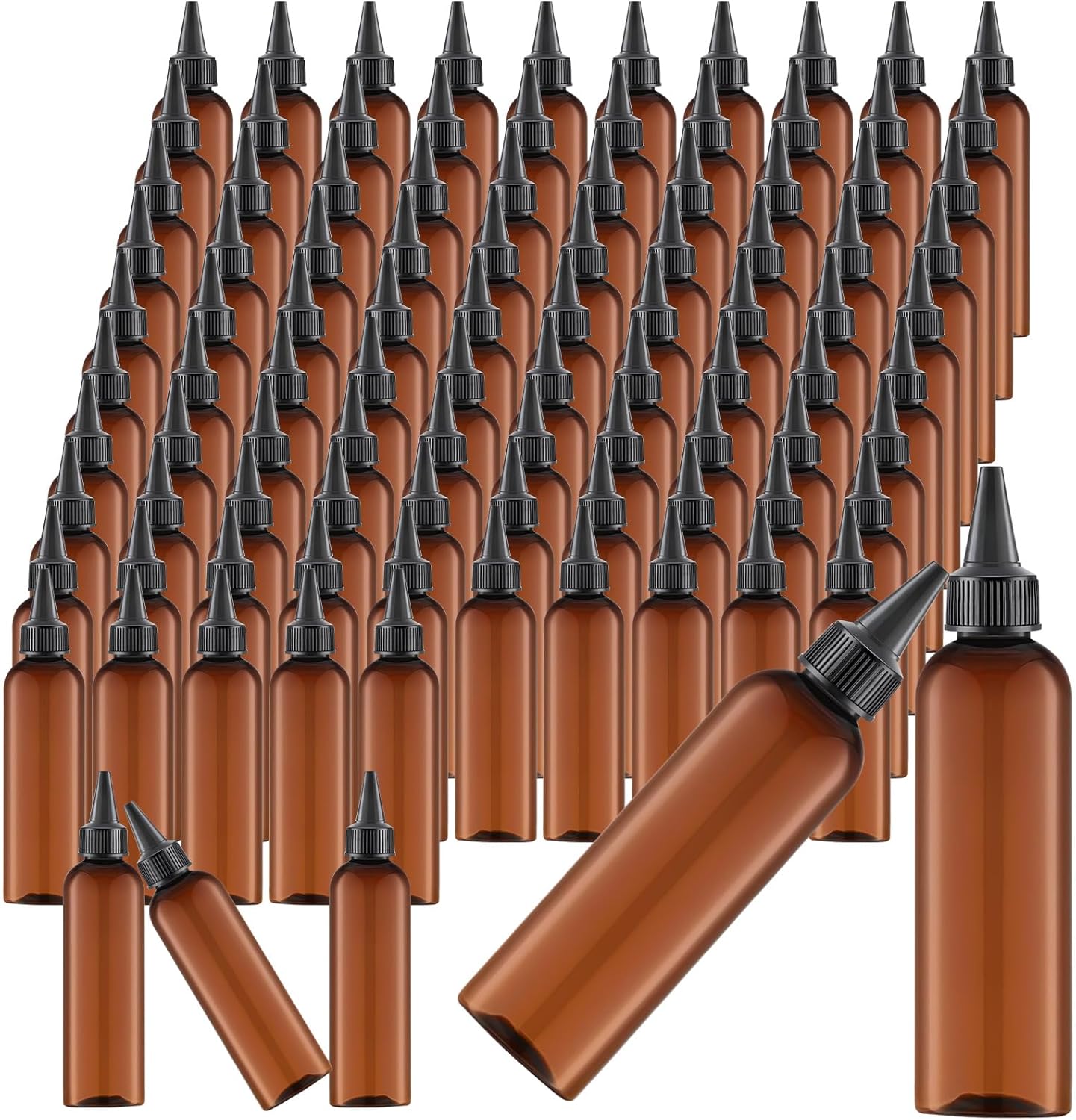 Irenare 100 Pcs 4 oz Plastic Squeeze Bottles Bulk Hair Oil Applicator Bottles Boston Empty Squeeze Condiment Bottle with Twist Top Cap Leak Proof for Liquids Oils Art Crafts Household Kitchen (Brown)