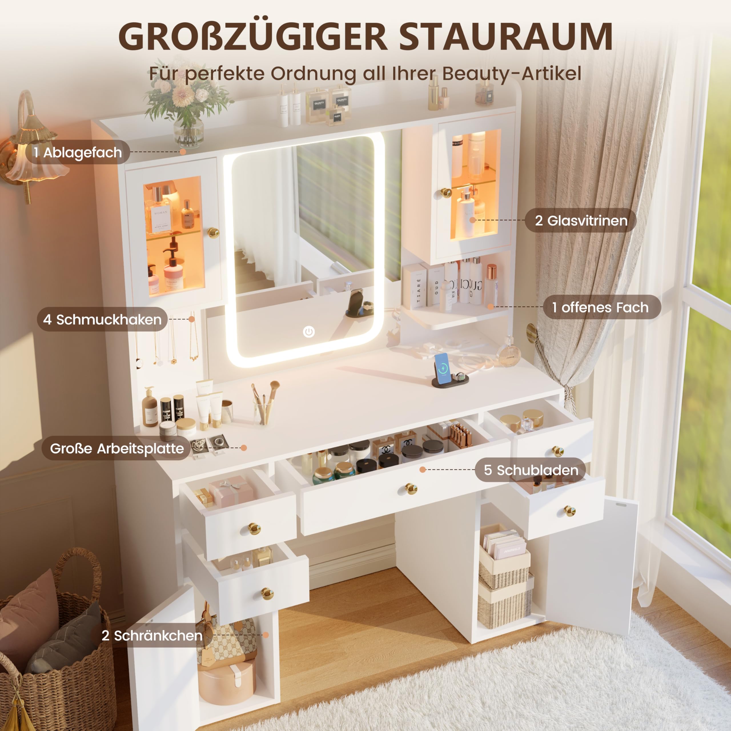 YOUDENOVA Schminktisch mit Beleuchtung und Spiegel, Großer Vanity mit Schubladen & 2 RGB-Glasvitrine, Dressing Table mit Steckdose, Frisiertisch Modern, Weihnachten Geschenke für Mädchen, Weiß
