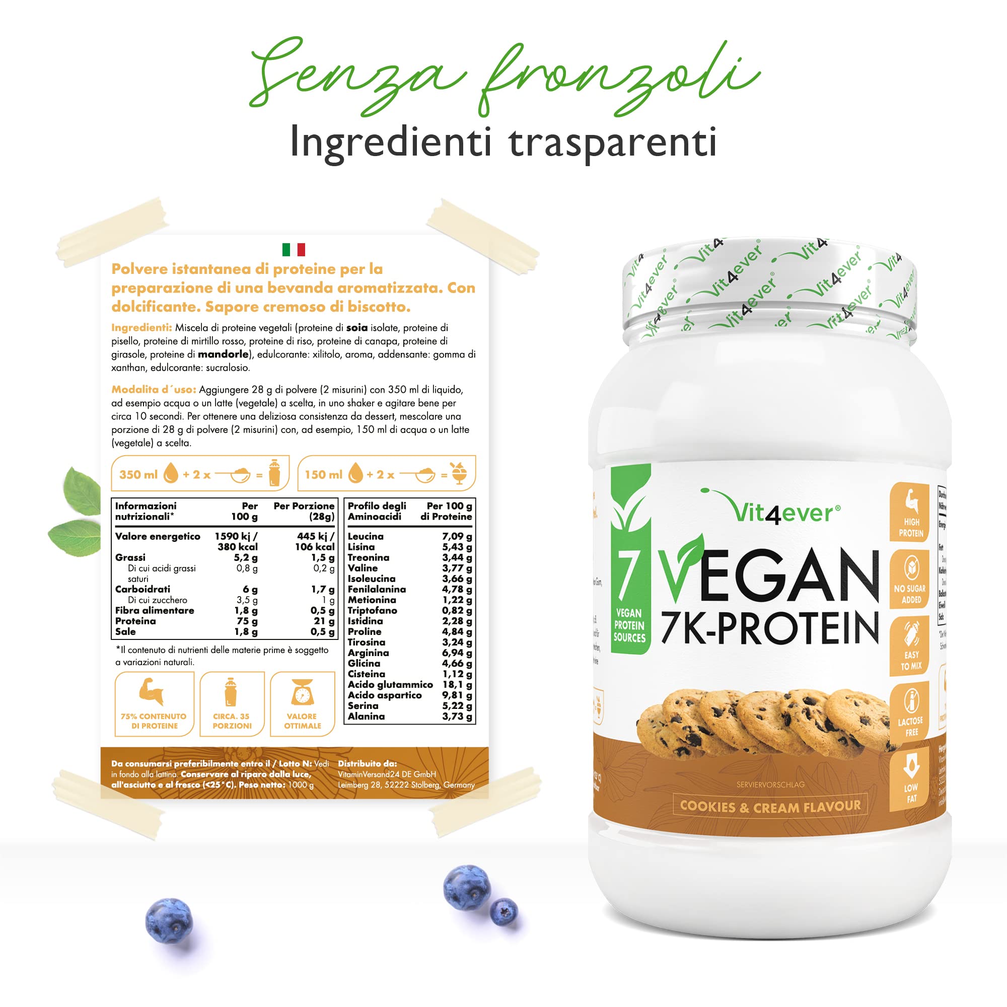 Vegan 7K Protein - 1kg - Cookies & Cream - Proteine vegetali pure in polvere con proteine di riso, mandorle, soia, piselli, canapa, mirtilli, girasole