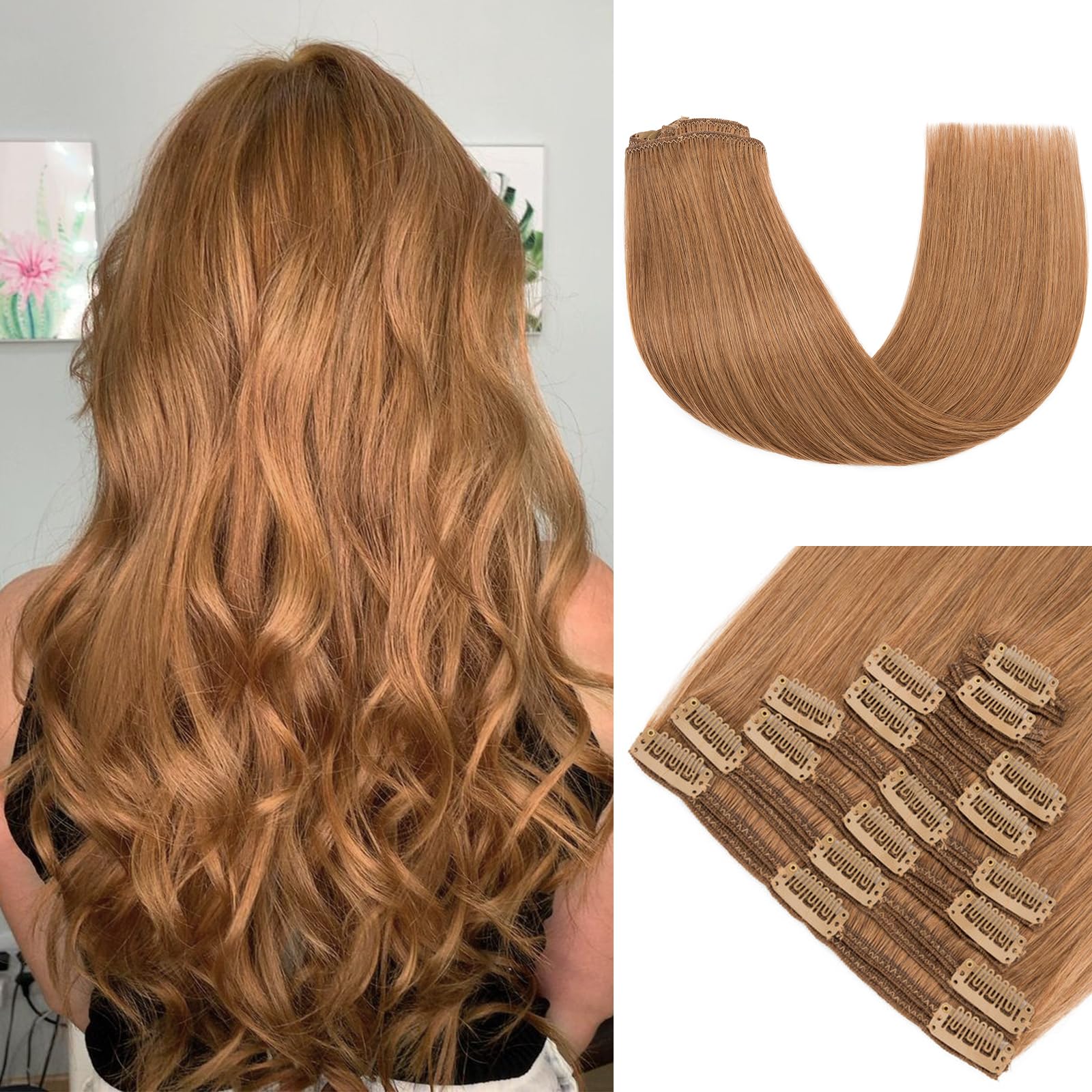 Clip in Hair Extensions Real Human Hair, MY-LADY Human Hair Clip in Extensions, 16Inch 130g 8Pcs Hair Extensions Clip ins, Seamless Hair Straight