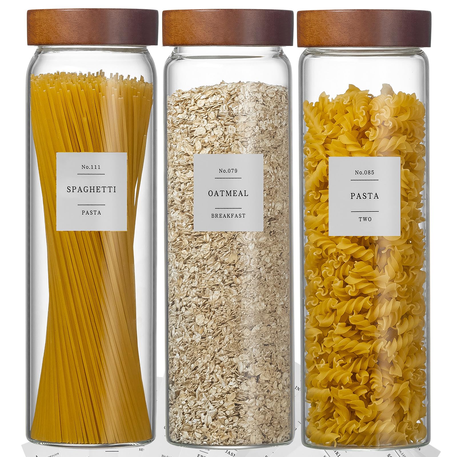 Pasta-Vorratsdosen aus Glas mit luftdichtem Schraubdeckel, 2000 ml, dickes Glas, Küchenbehälter mit 132 Speisekammer-Etiketten, hoher Spaghettibehälter mit Holzdeckel für Nudeln, Spaghetti, Müsli, 3