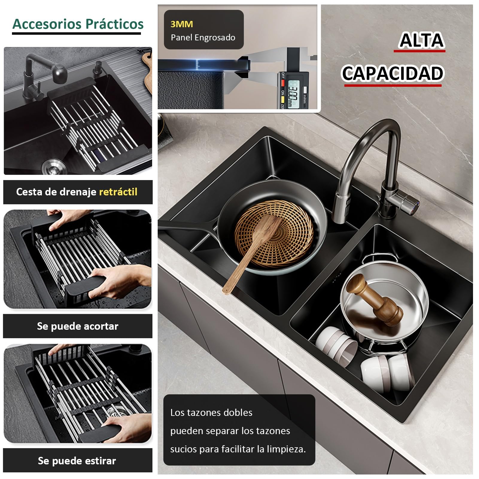 Fregadero de Cocina Negro de Acero Inoxidable 304 con Grifo extraíble, Cesta de desagüe Extensible, dispensador de jabón y Accesorios, Fregadero Doble Grande para Barra, estación d