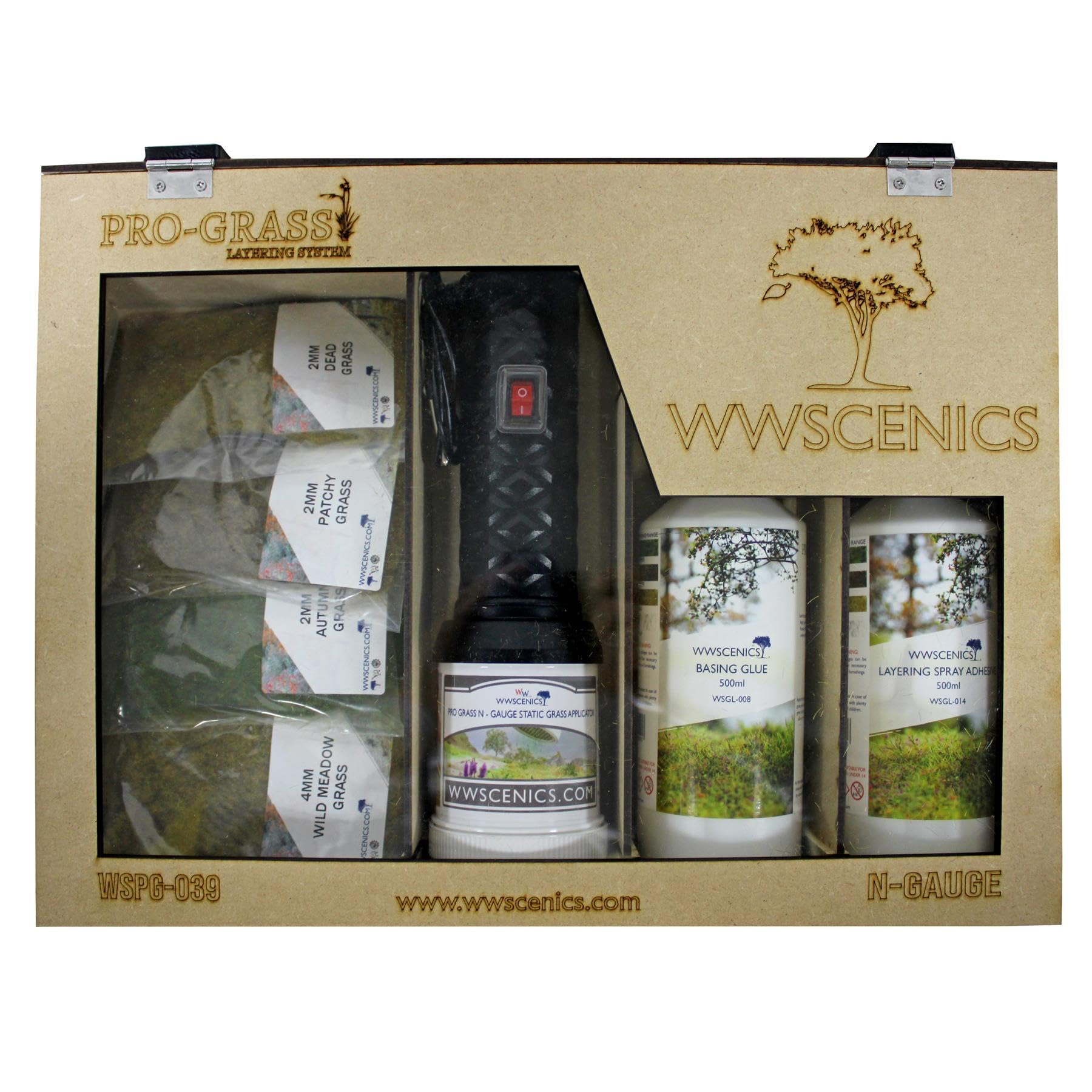 WWScenics Pro Grass Gras-Schichtaufbau Set | Spur-N Starter Kit mit Statische Grasfasern und Begrasungsgerät