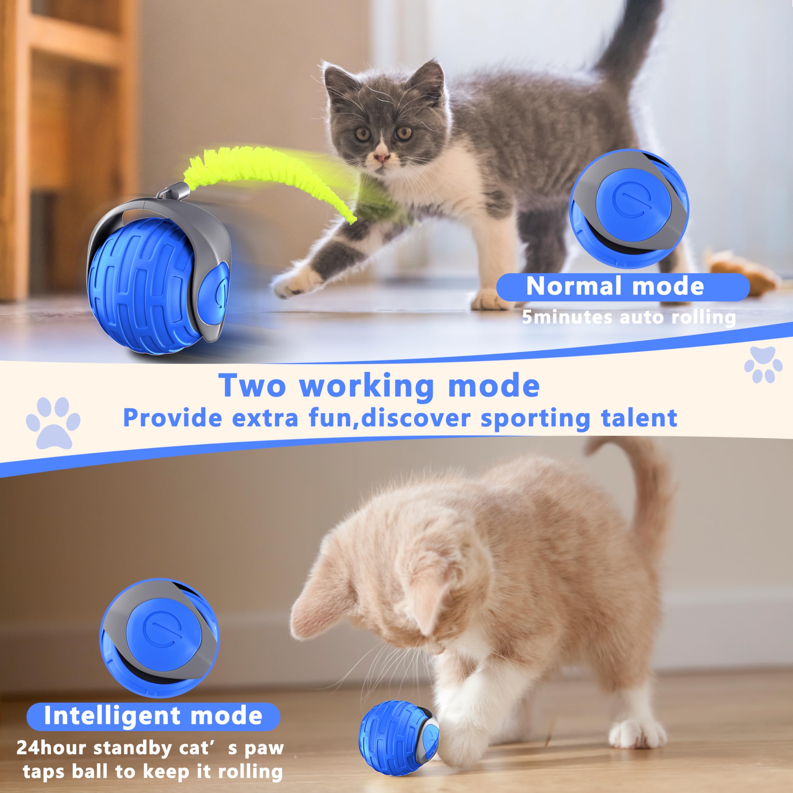 Katzenspielzeug, interaktiver Katzenspielzeugball für gelangweilte Indoor-Katzen, automatisches Rollen, sturzfest und Hindernisvermeidung, 2 Modi, flauschiger Schwanz und USB Typ-C