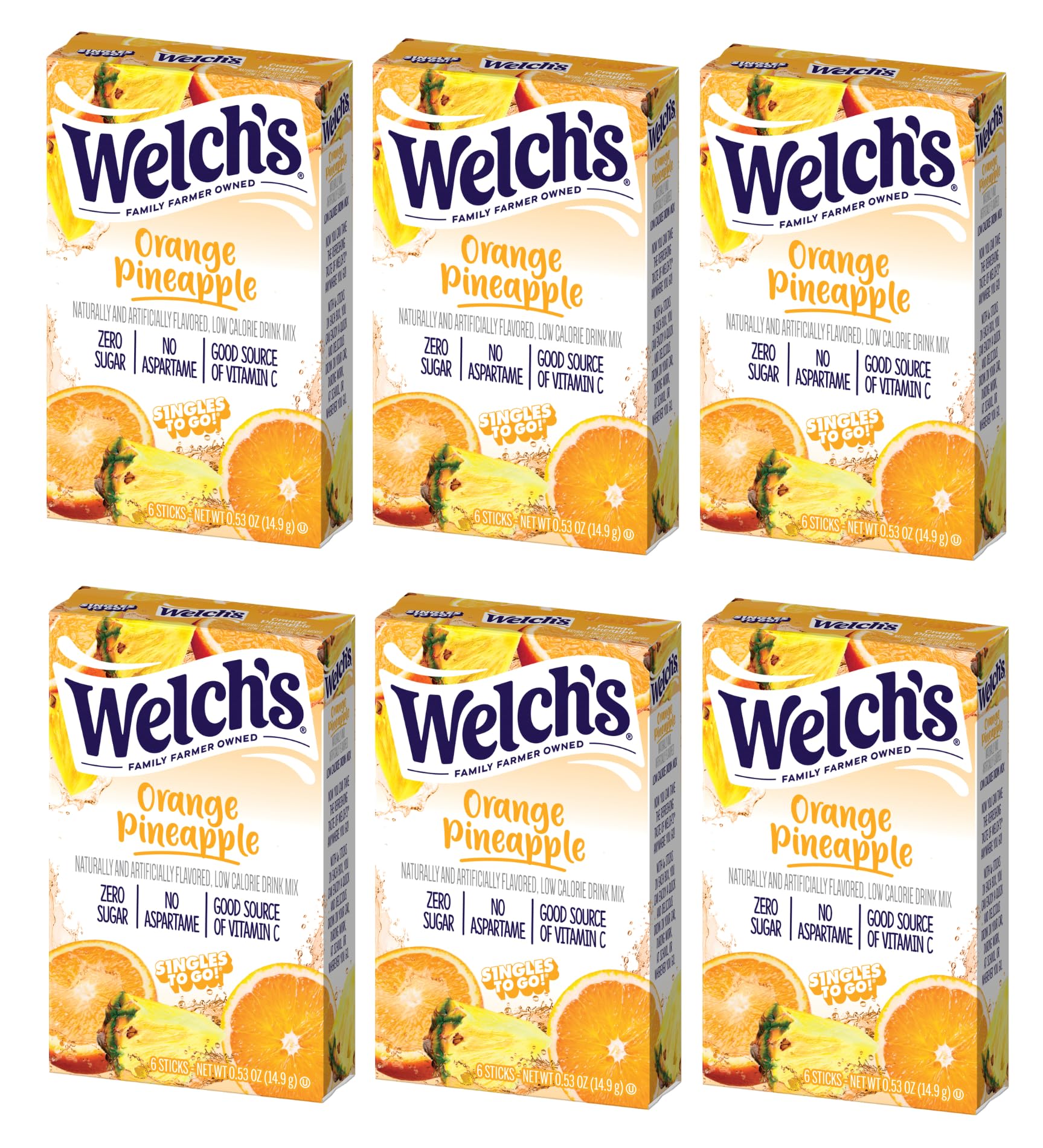 SINGLES TO GO! Orange Pineapple Drink Mix - Zero Sugar, Low Calorie - 36 Servings (6 Boxes of 6 Singles)