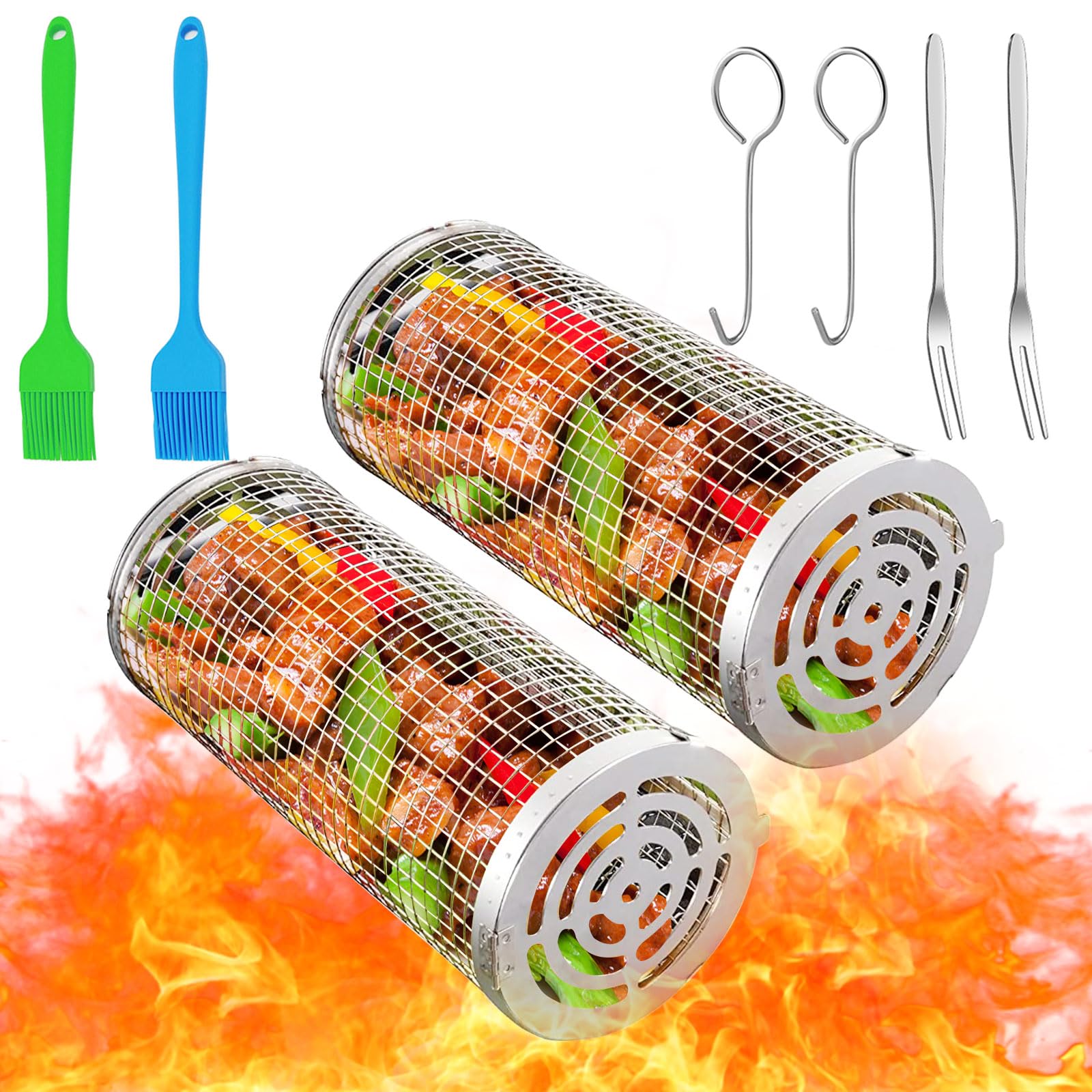 Rolling Grilling Baskets for outdoor,2 Pcs New-Upgrade Rolling Grilling Basket, Camping Picnic Cookware 304 Stainless Steel Round BBQ Grill Baskets for Vegetables Meat Fish Outdoor Grilling
