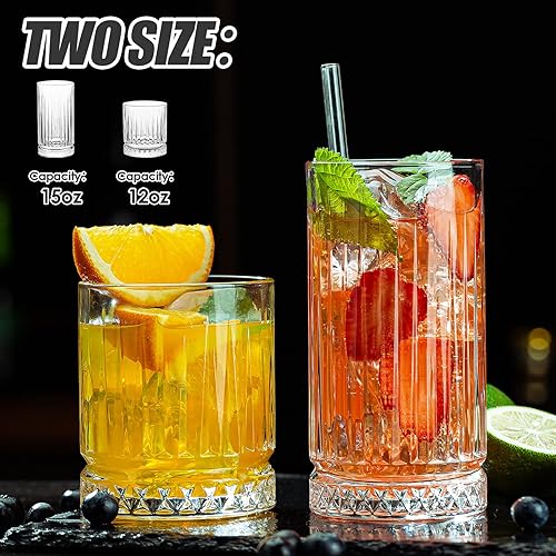 Miniatura 2 de Vasos de cristal para beber, juego de 8 vasos de vidrio duraderos, 4 vasos altos de 15 onzas y 4 vasos de 12 onzas, tazas de mojito, vasos de