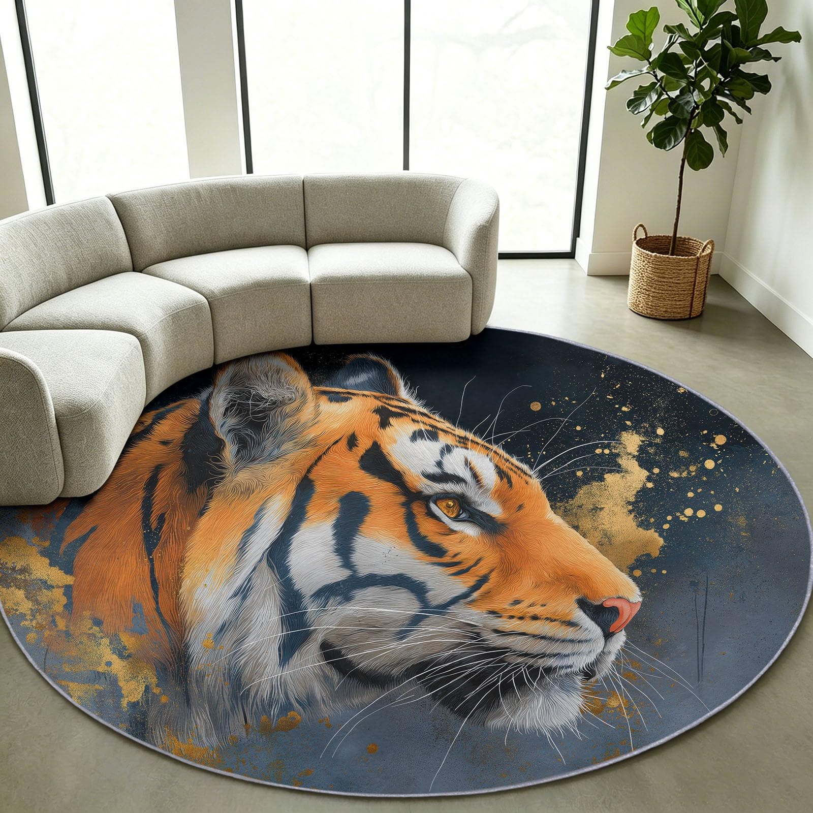 Tappeto rotondo per soggiorno, camera da letto, 90 cm, motivo animali, con retro in gomma antiscivolo, lavabile in lavatrice, per sala da pranzo, bagno, morbido e morbido, per interni, motivo: tigre