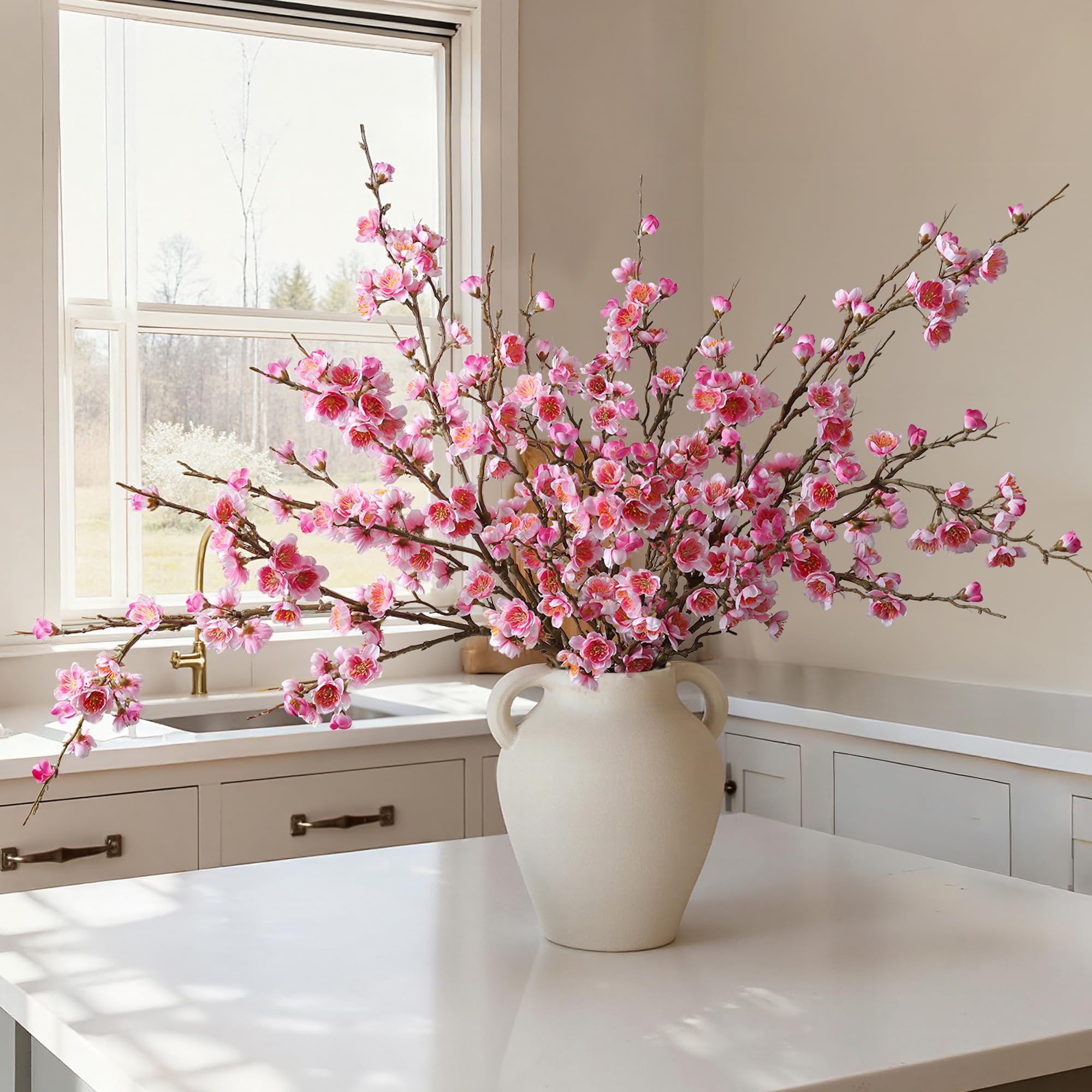 6 PCS Artificial Cherry Blossom Branches Spring Indoor Decoration, Faux Flowers 34.45" Long Stems Plum Fake Peach Plants Real Touch Silk for Wedding Home Bedroom Party Table Office, Pink