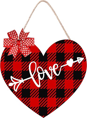 Letrero de puerta para el día de San Valentín para puerta delantera corazón colgante de puerta de San Valentín rojo y negro búfalo de madera para