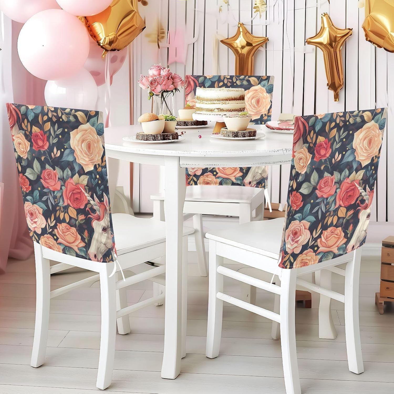 ALAZA Unicorn and Roses Chair Back Cover Set of 6, Washable Reusable Removable Chair Slipcovers Decorative Chair Cover for Home Kitchen Wedding Party