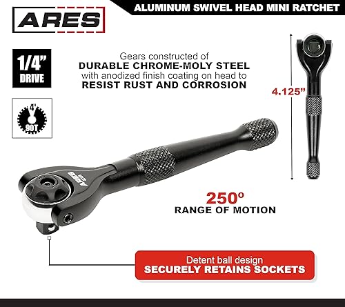 Vista 52 de ARES 42111 – Trinquete hexagonal de cabeza giratoria de 90 dientes rojo de 1/4 pulgadas – Giratorio de 250 grados con inserto magnético