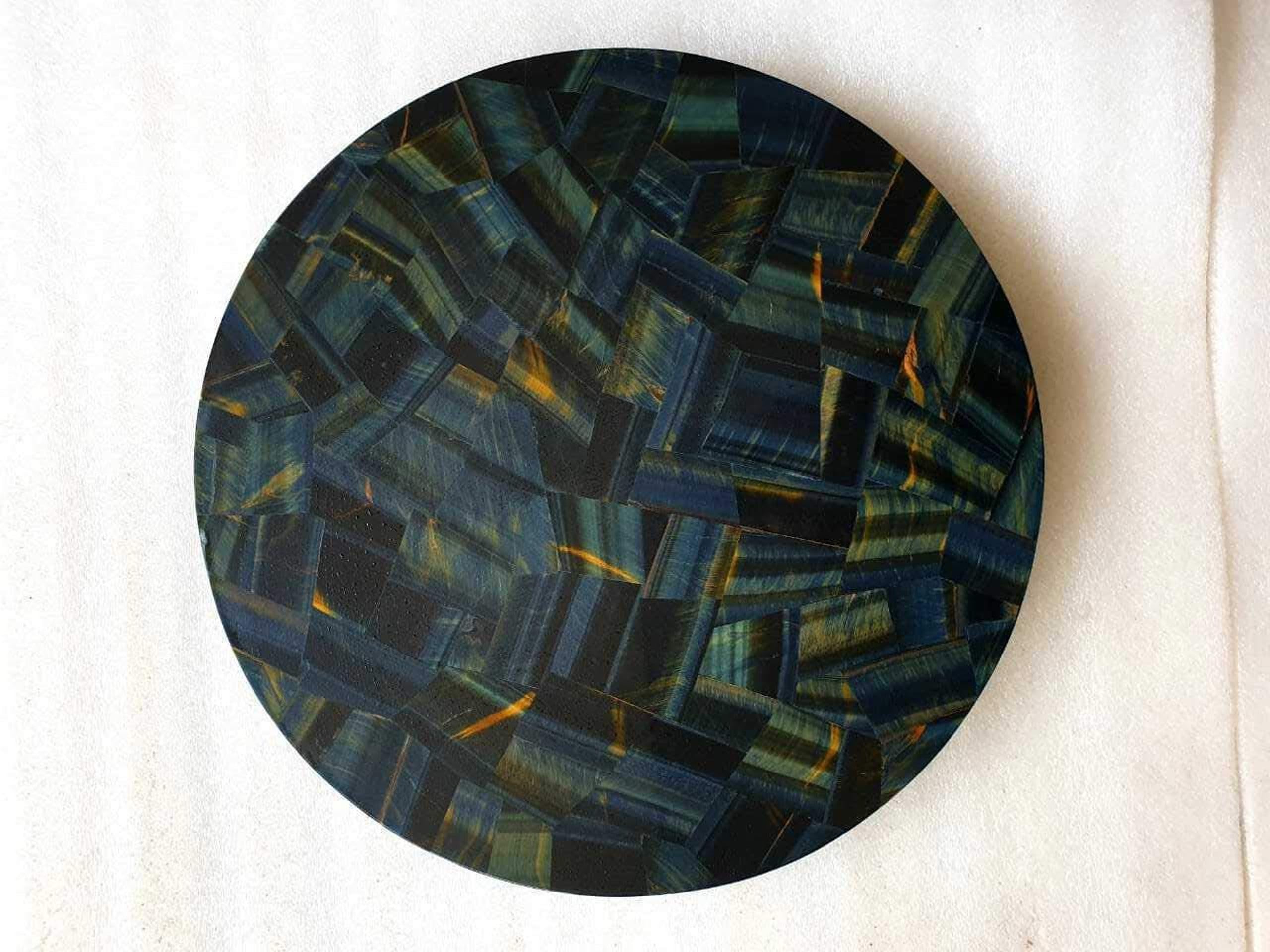 Dessus de table oeil de tigre bleu en pierre naturelle artisanale de luxe 35cm