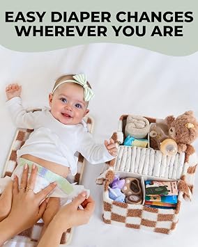 Bath Kneeler & Elbow Rest Pad Set(Green) and Checkered Diaper Caddy(Taupe & White) Bundle