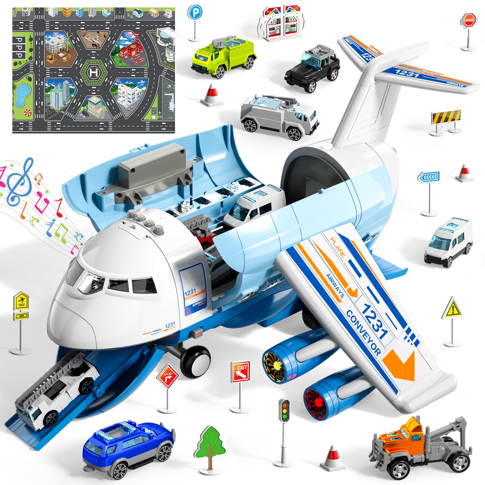 BLmukce Airplane Toy with Unique Spray Effect, Lights & Music, Friction Powered Wheel - Fun Educational Play Set for Boys and Girls Ages 3-6 Years Old, (Blue)