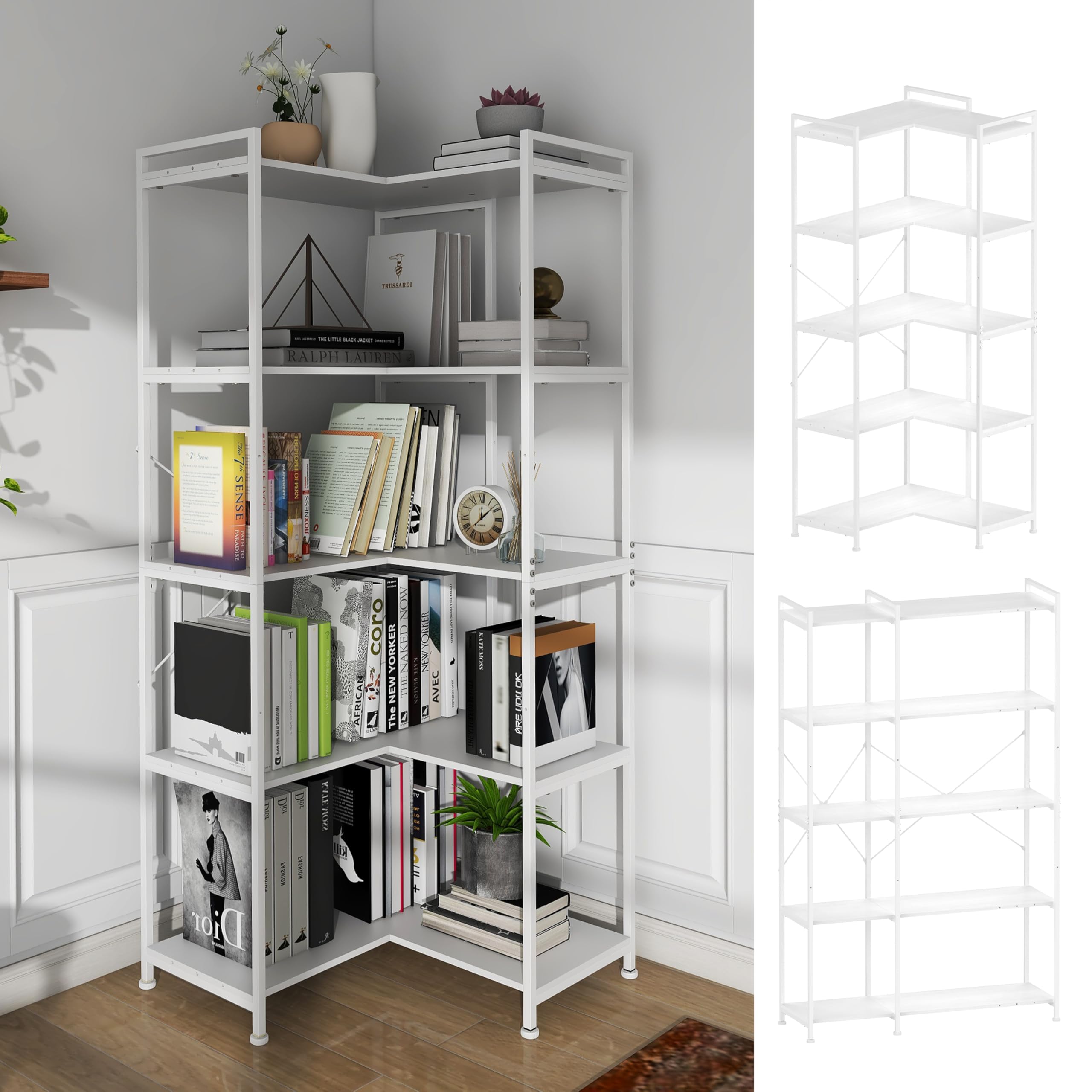 VEDECASA - Scaffale angolare a 5 ripiani, grande, 5 livelli, alto, da terra, moderno, per angolo, in metallo con telaio, ripiani aperti, per soggiorno, camera da letto, ufficio, bianco