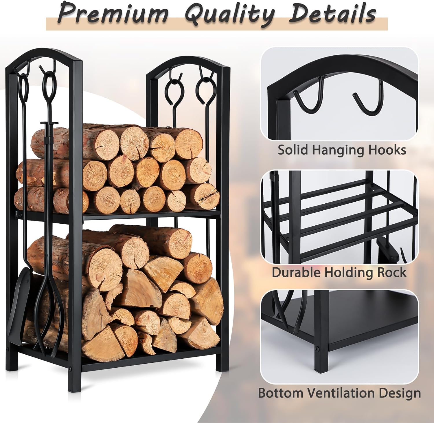 FEED GARDEN Firewood Rack Indoor Outdoor with Tools, 5-Piece Fireplace Tools Set, Fireplace Log Holder, Heavy-Duty Steel Firewood Storage Rack for Fireplace, Fire Pit, Wood Stove-Black, 29" H